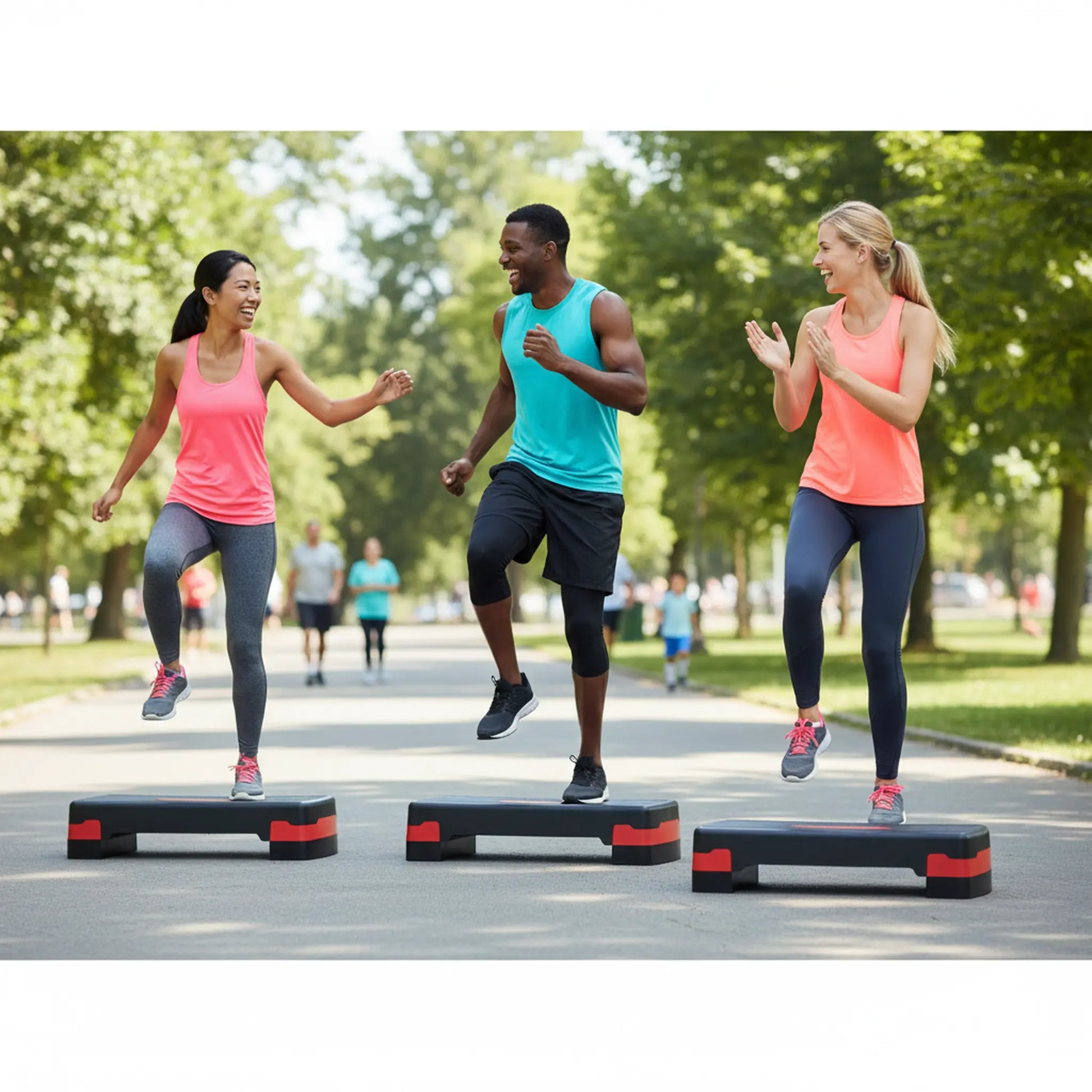 Three people exercising on aerobic steps in a park