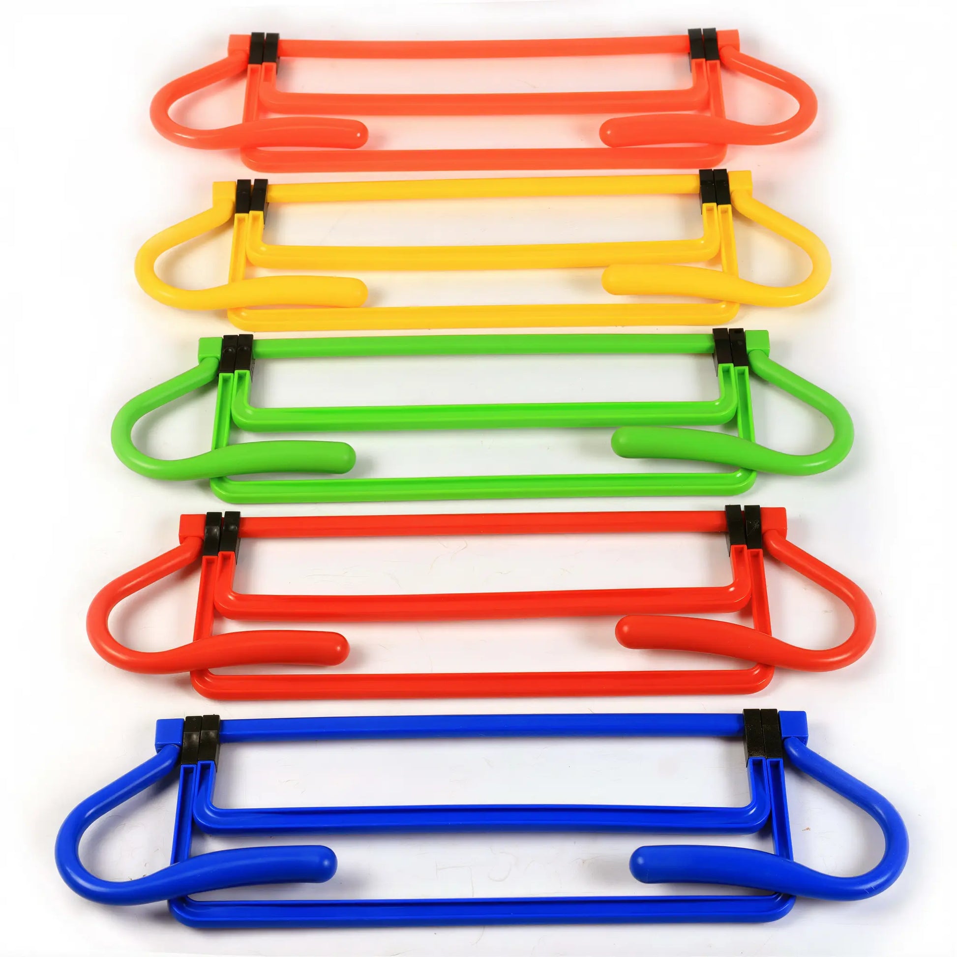 Foldable agility hurdles stacked flat for easy storage