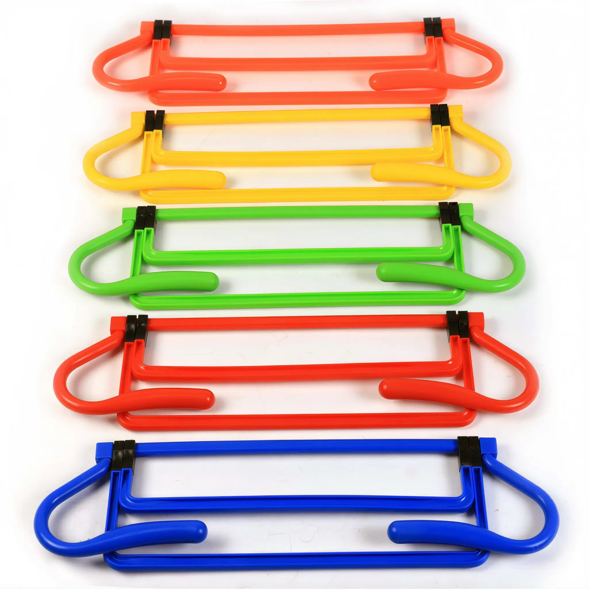 Foldable agility hurdles stacked flat for easy storage