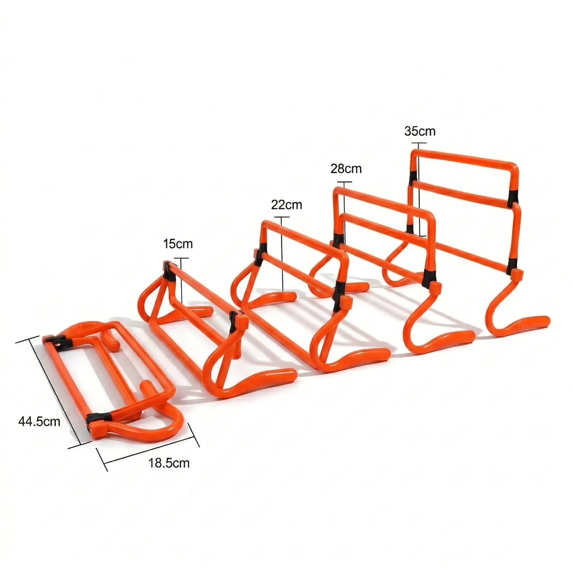 Adjustable agility hurdles with four height settings from 15cm to 35cm