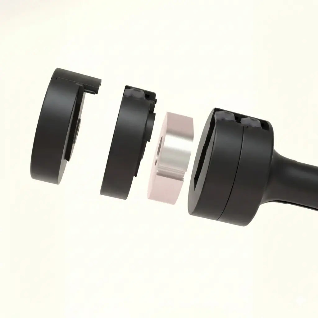 Exploded view showing adjustable dumbbell weight plates and locking system