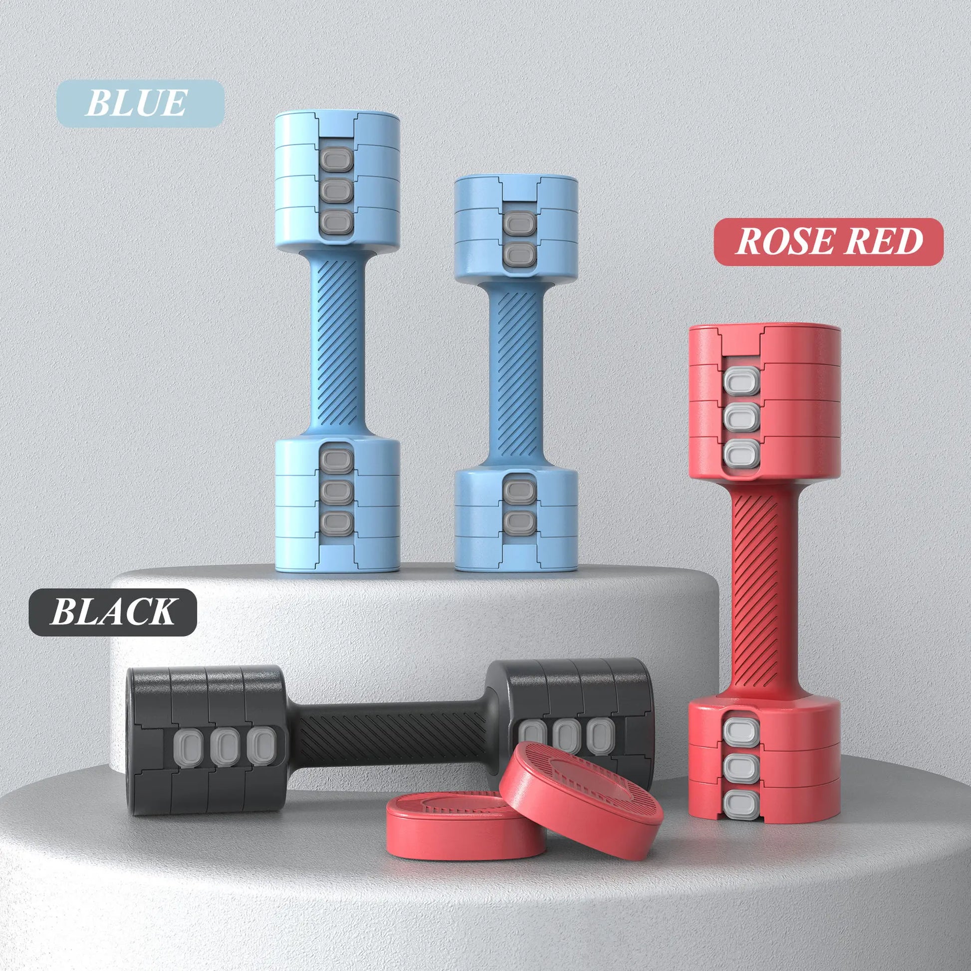Adjustable dumbbells available in black, blue, and red