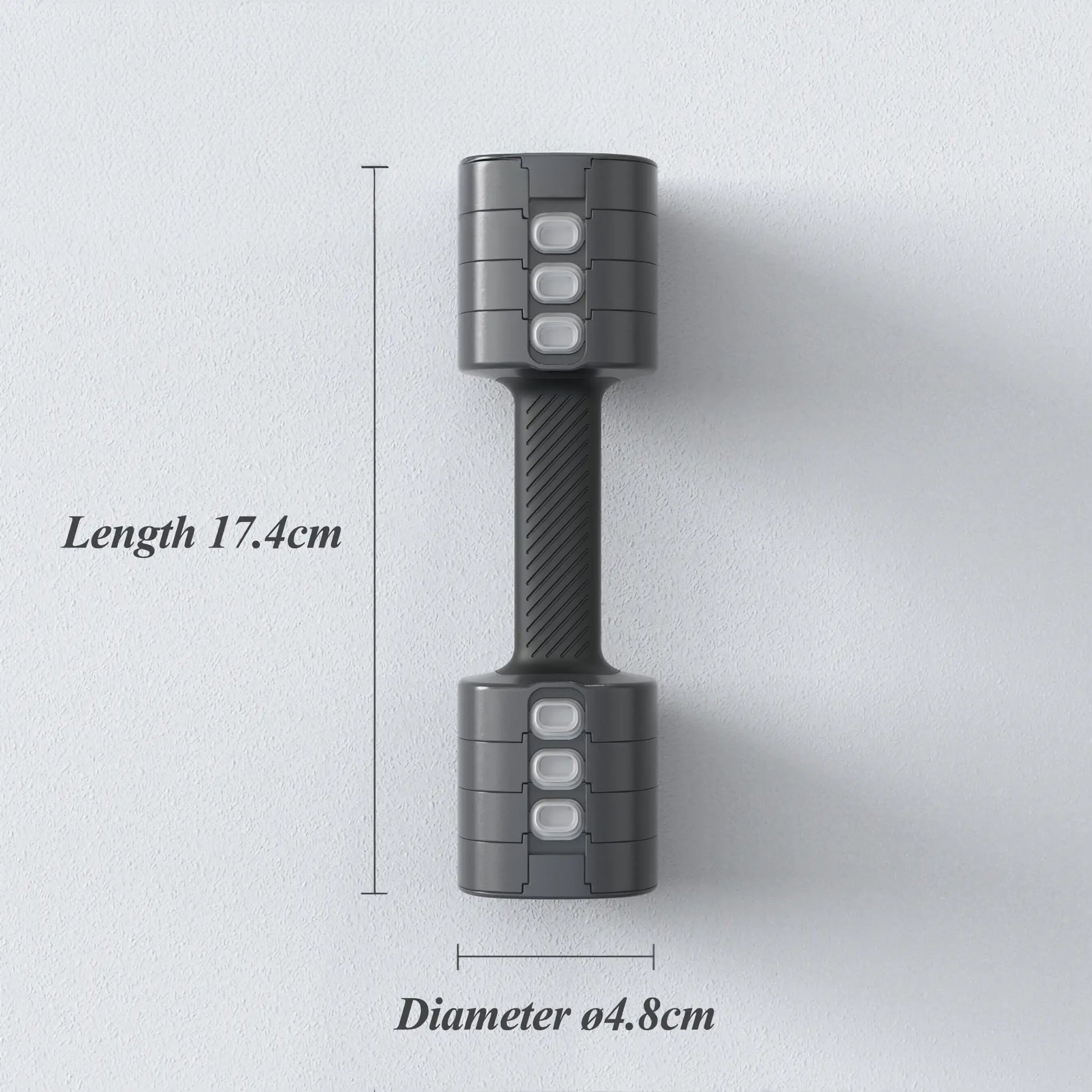 Adjustable dumbbell dimensions showing length and grip diameter