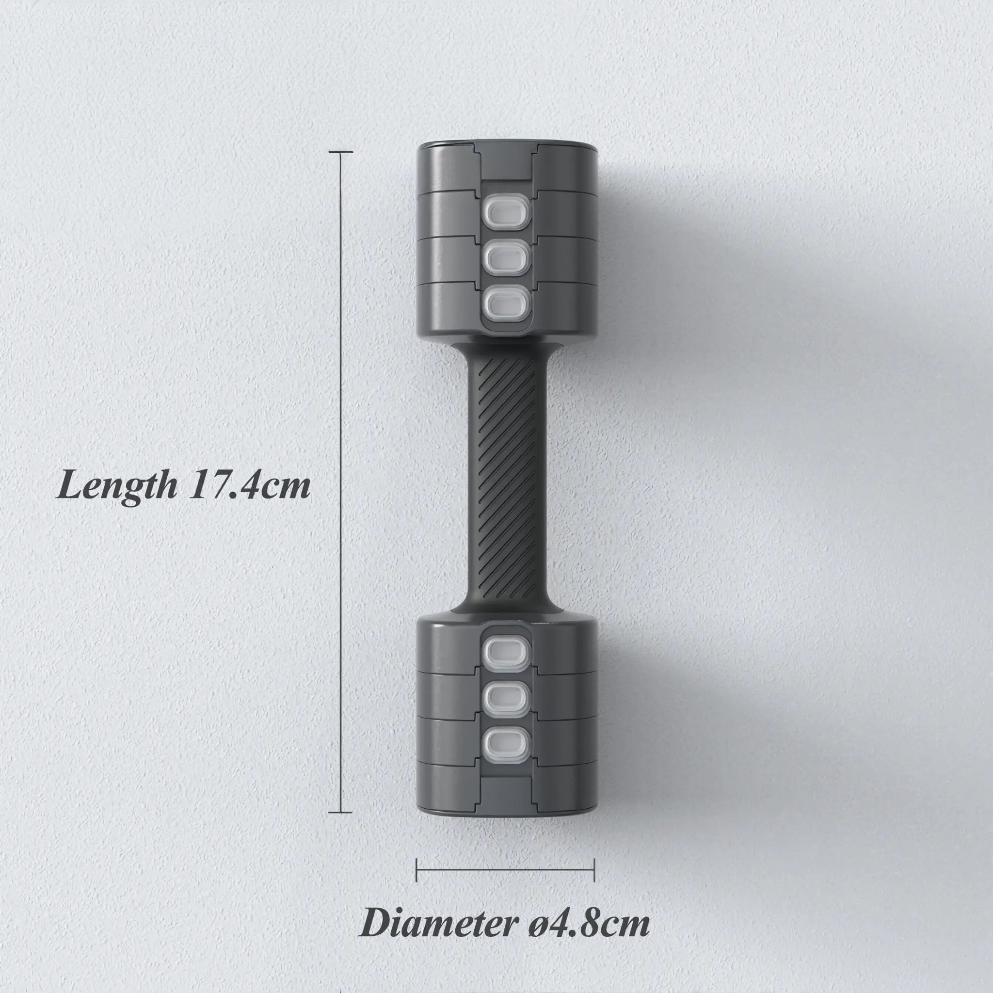 Adjustable dumbbell dimensions showing length and grip diameter