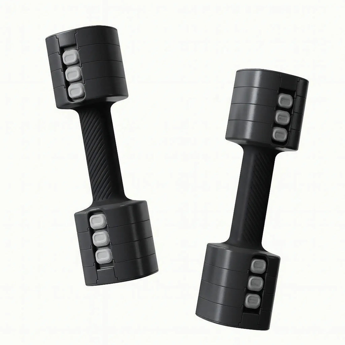 Pair of adjustable dumbbells with removable weight plates, shown in black