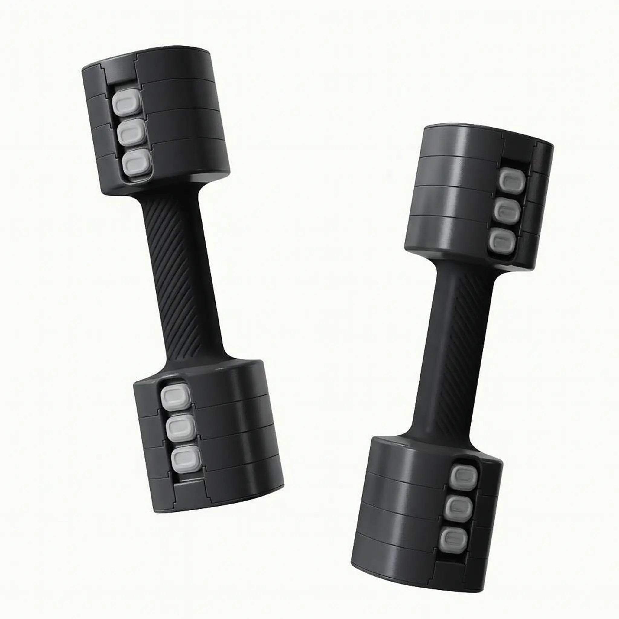 Pair of adjustable dumbbells with removable weight plates, shown in black
