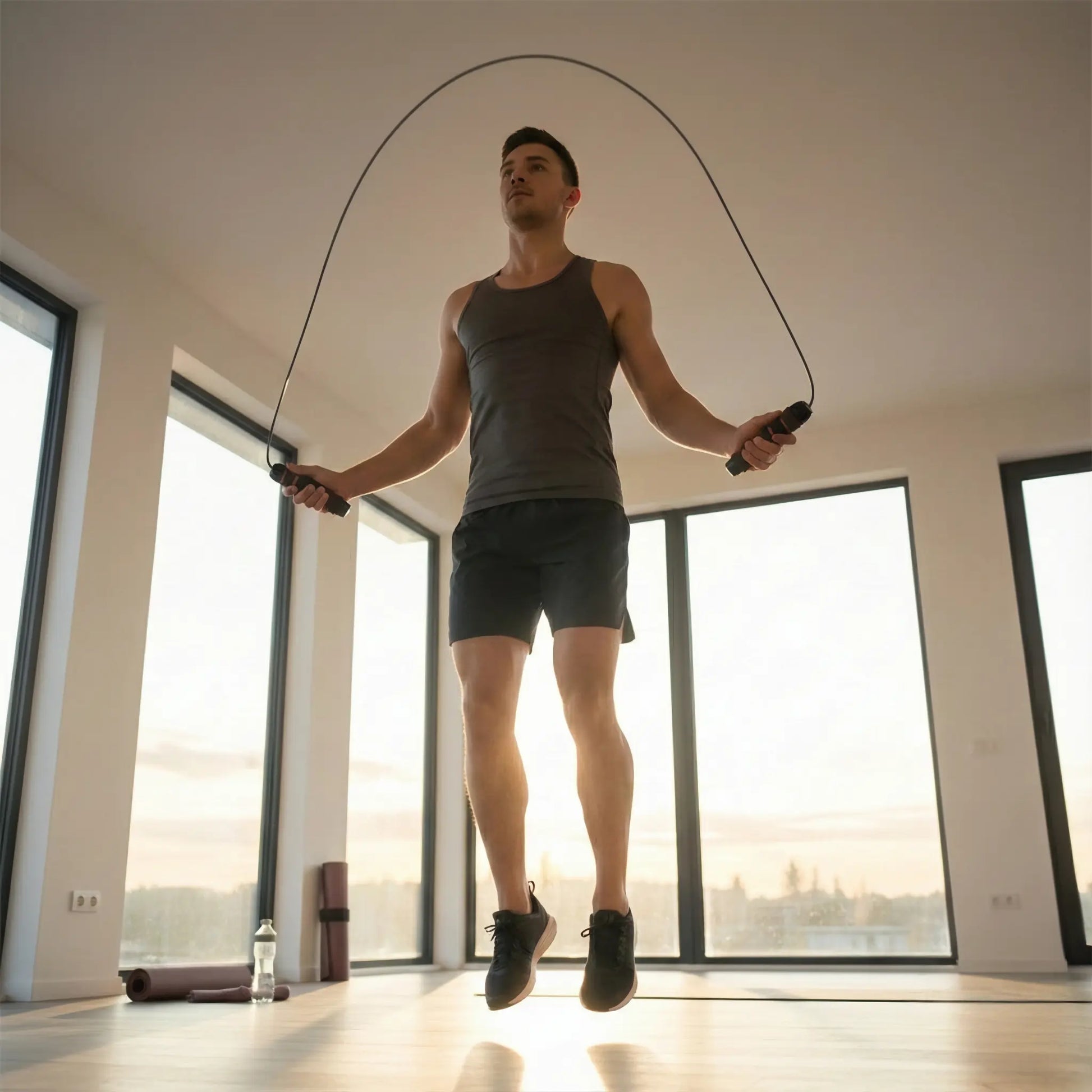 Man using an adjustable skipping rope during a cardio workout
