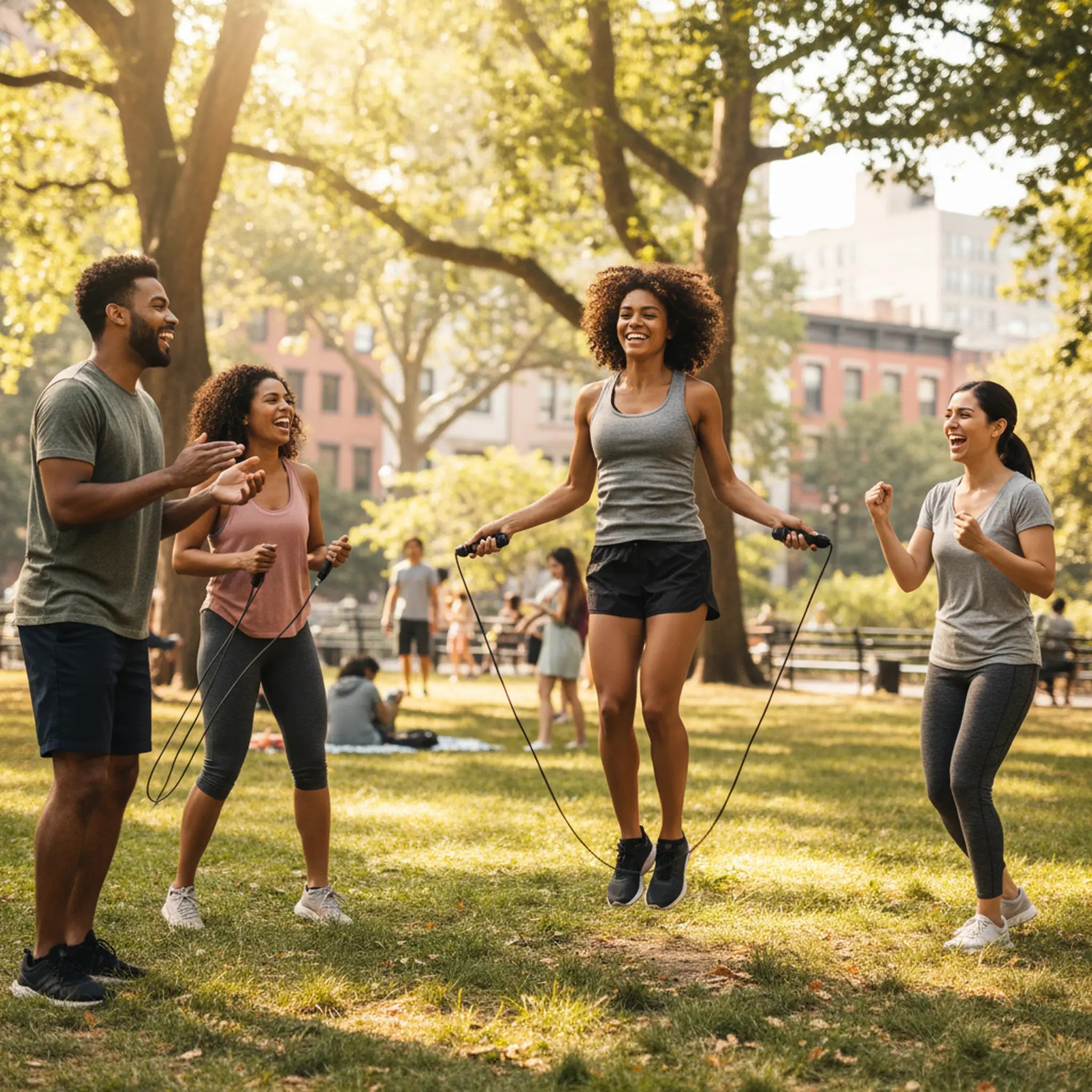 Group of people exercising with jump ropes in a park
