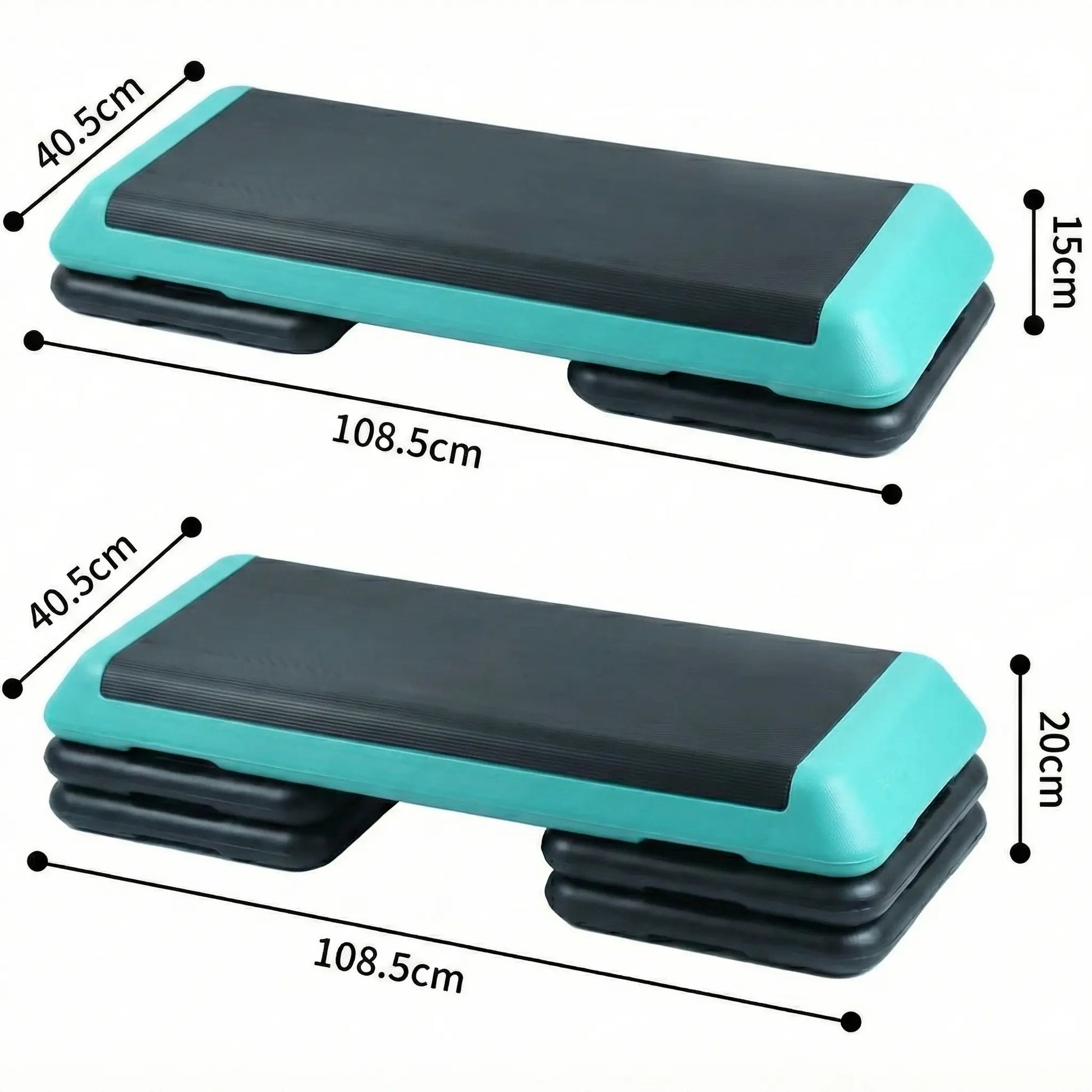Teal and black step platform with measurements on a white background