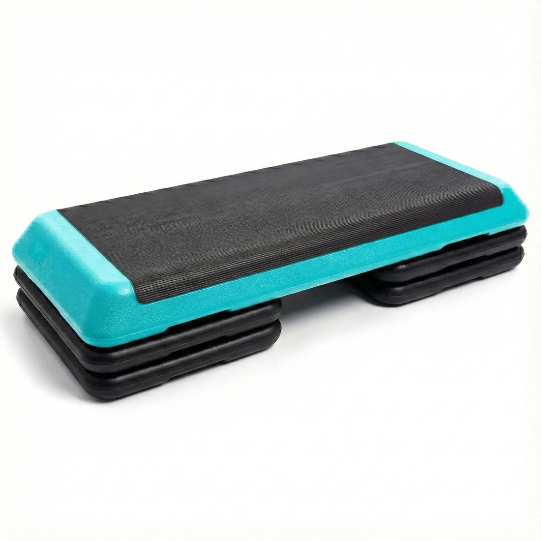 Step platform with black and turquoise design on a white background