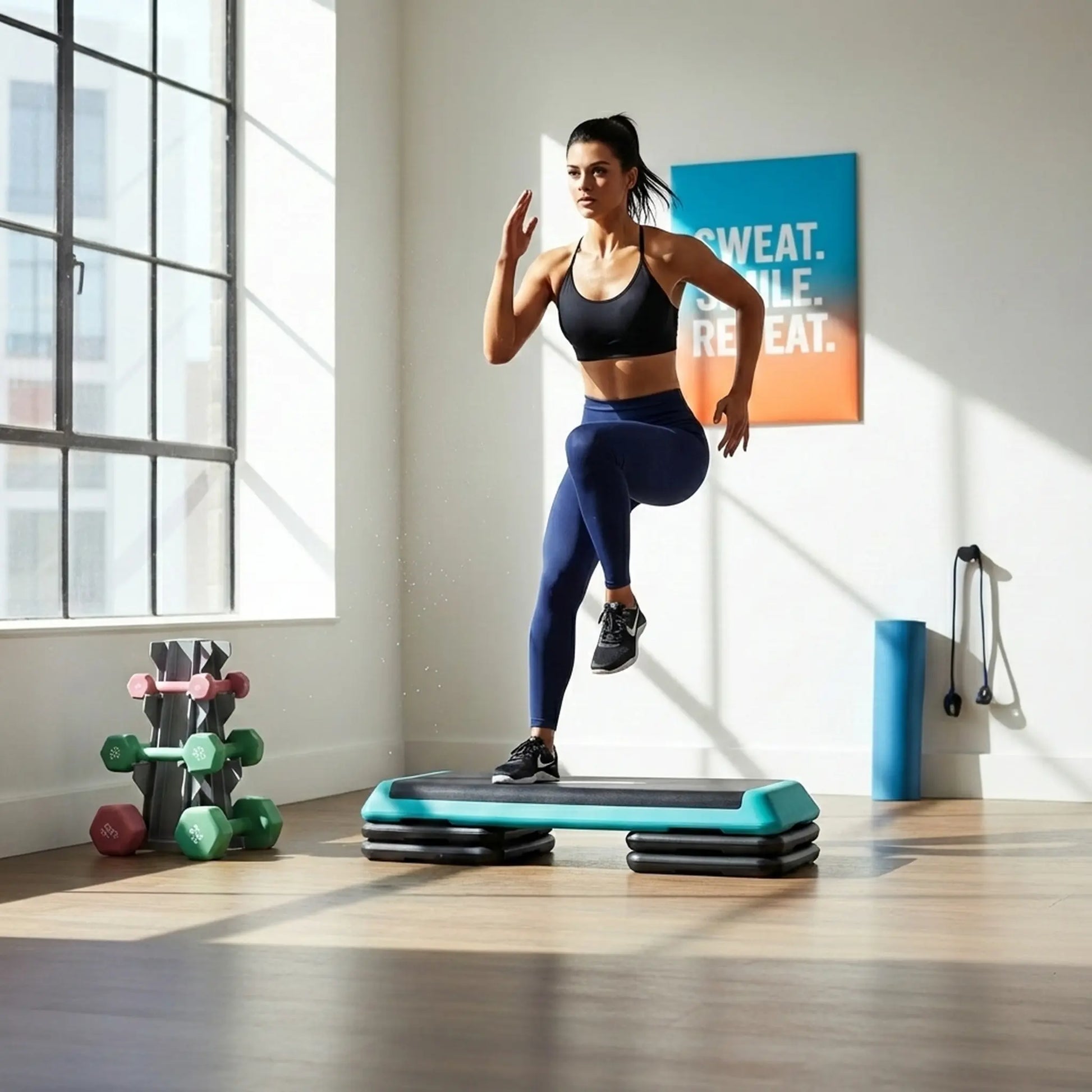 Woman exercising on a step machine in a bright room with fitness equipment.