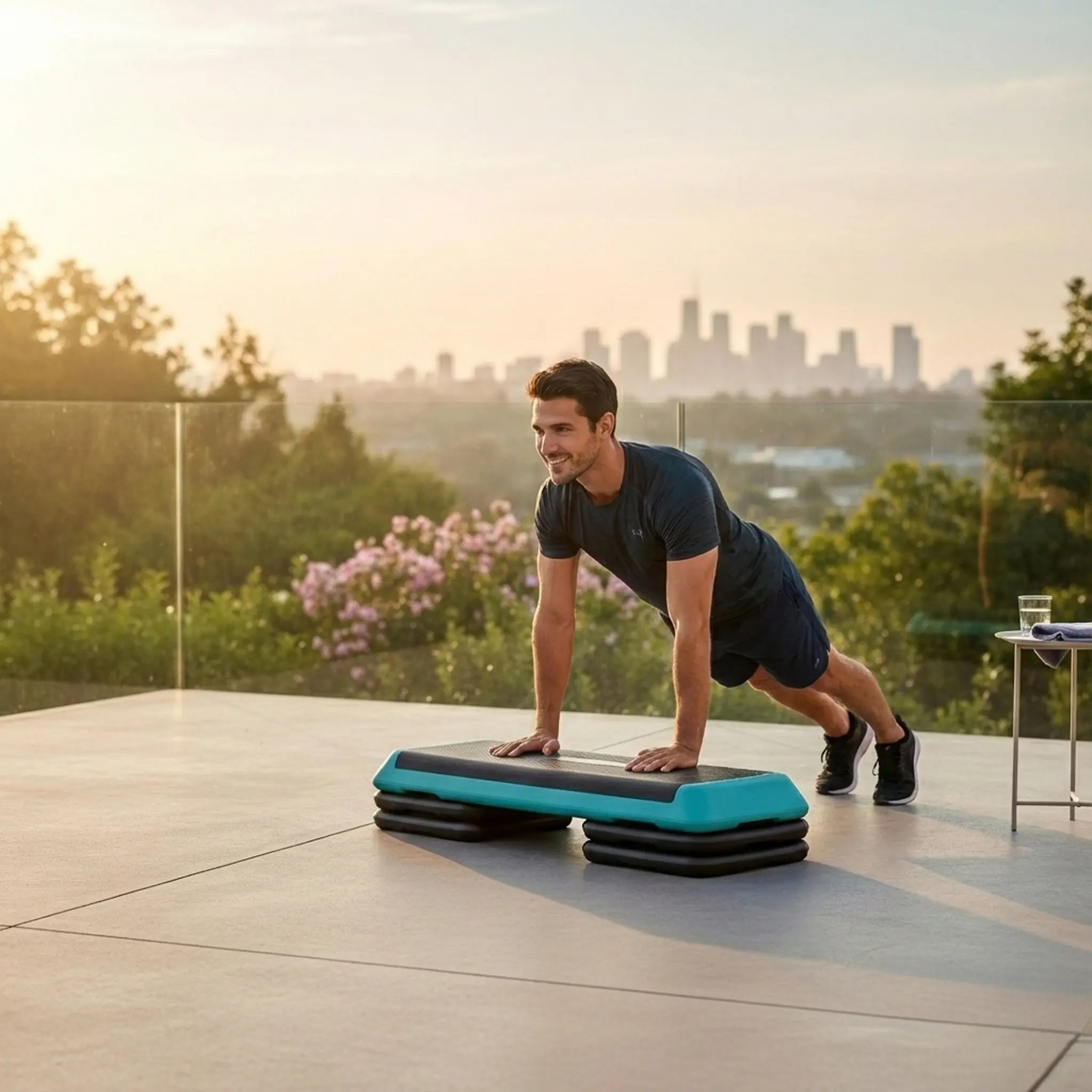 Man exercising on a step platform outdoors with a cityscape in the background