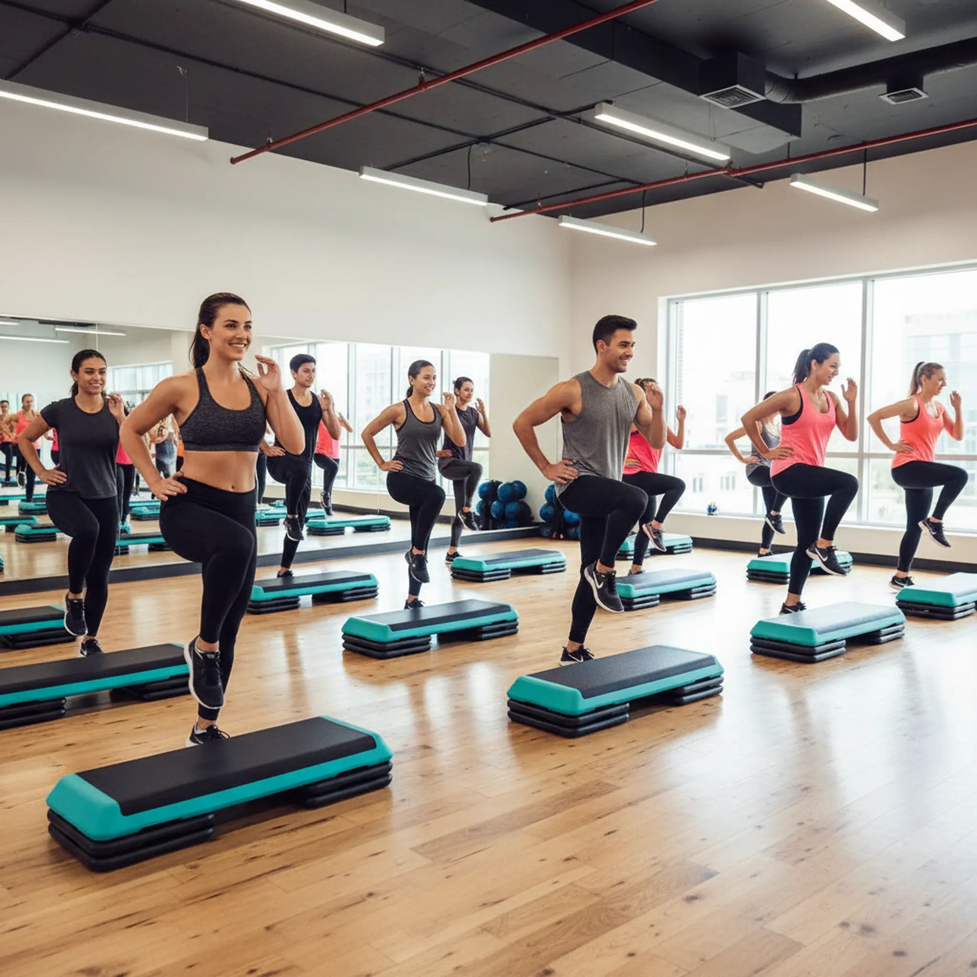 Group of people exercising on step platforms in a fitness studio.