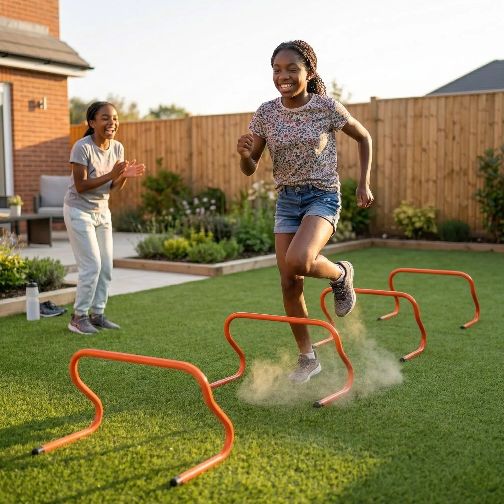 Girl running over fixed agility hurdles in garden with friend cheering