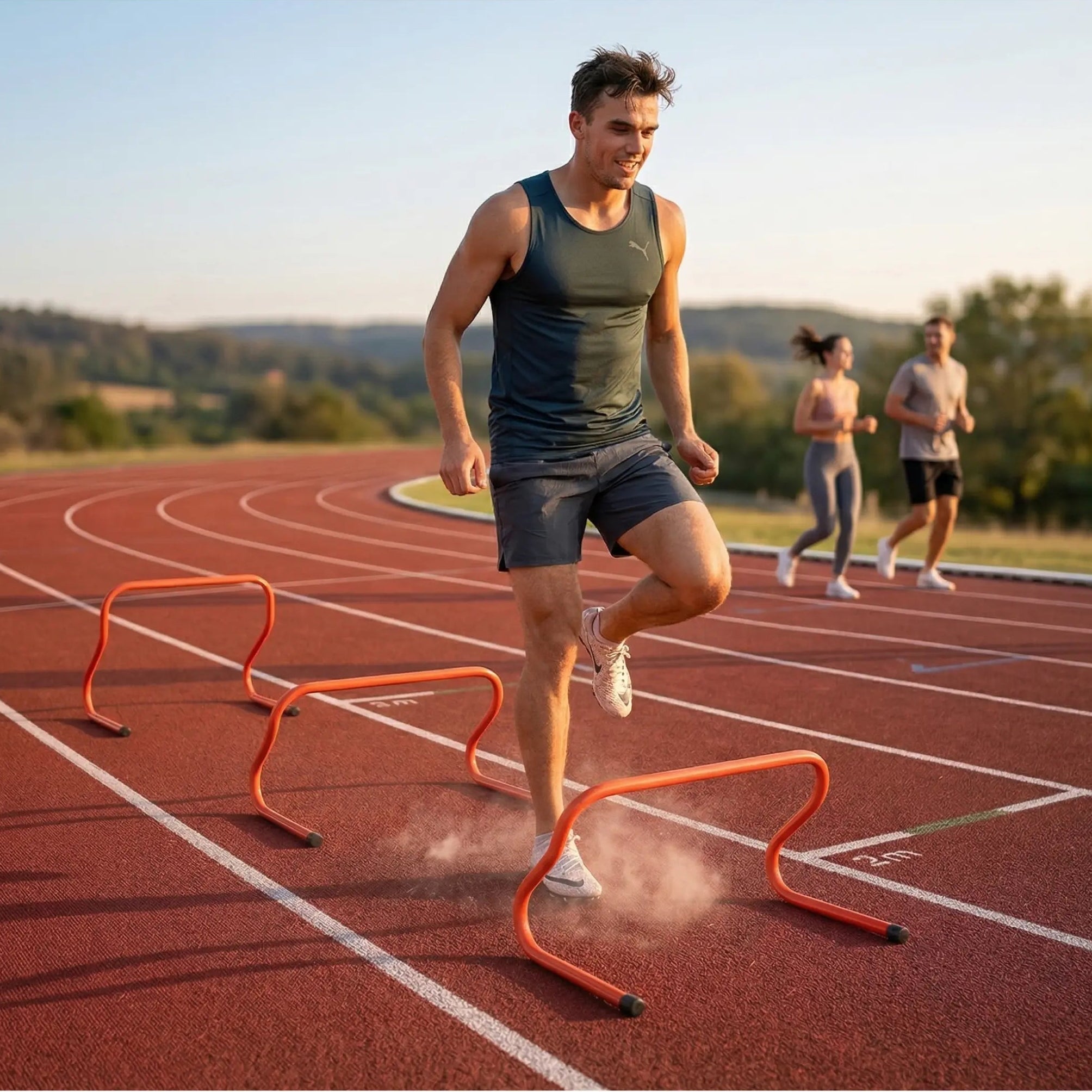 Athlete training with agility hurdles for speed and coordination on track