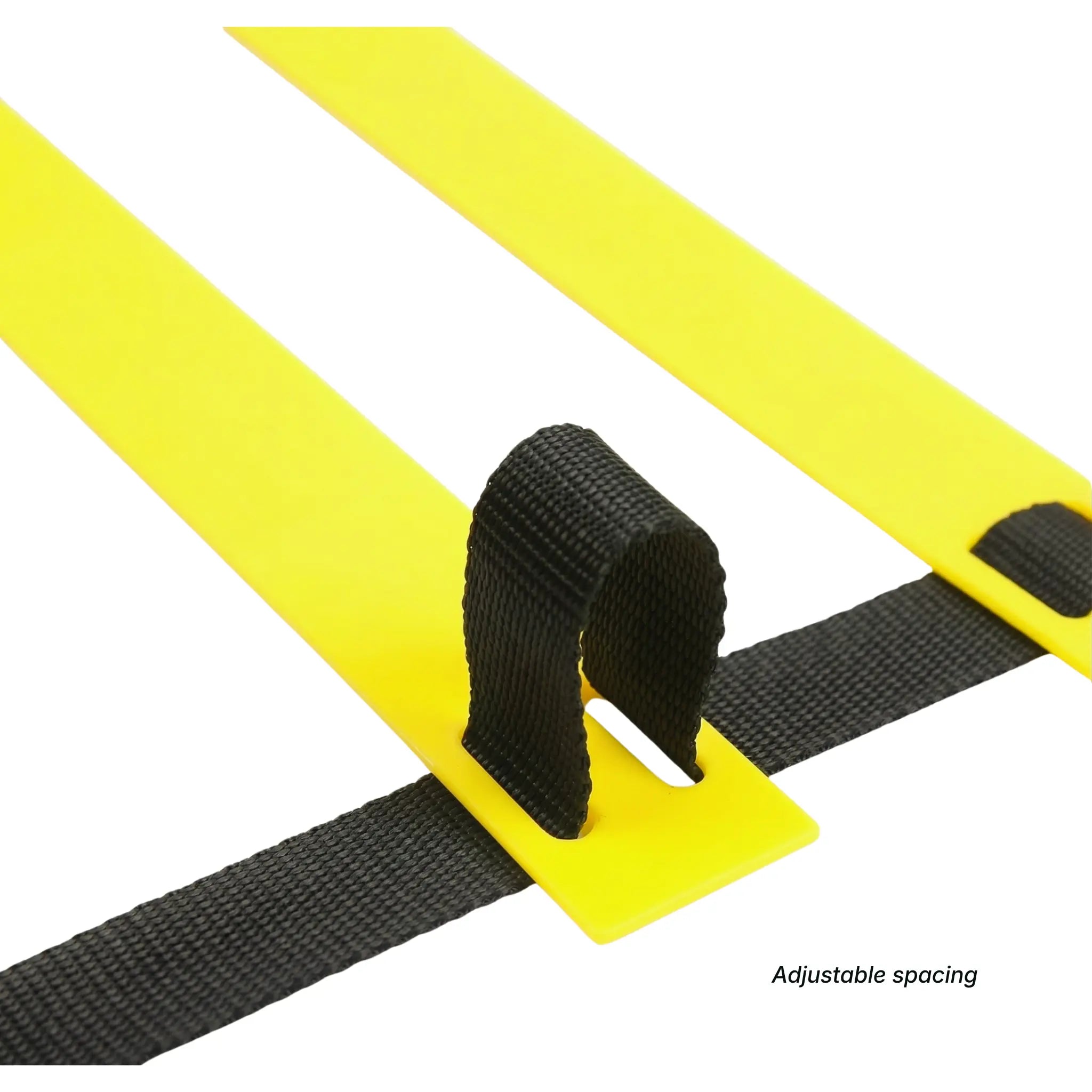 Close-up of adjustable rung spacing mechanism on agility ladder