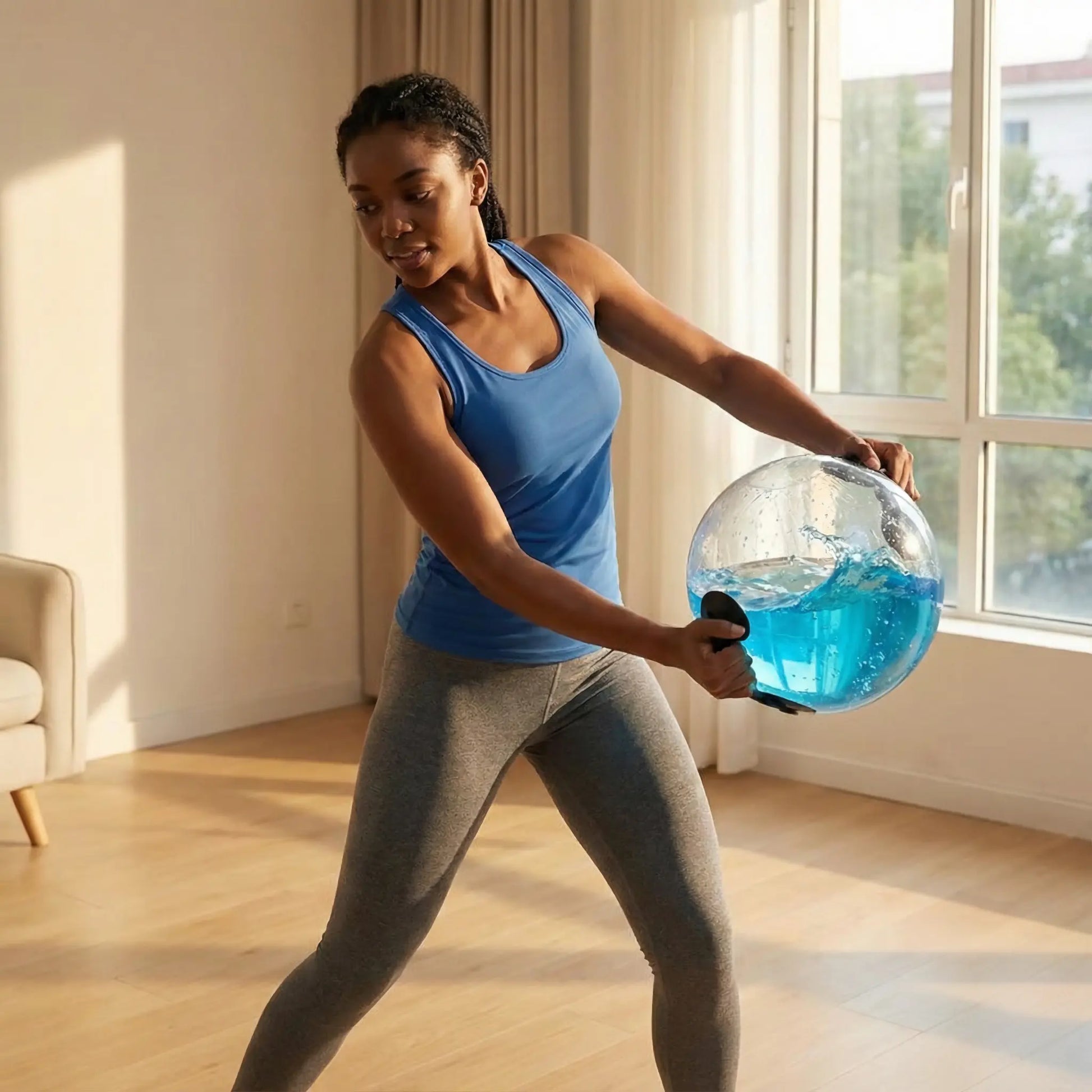 Athlete using an aqua ball for rotational core training indoors
