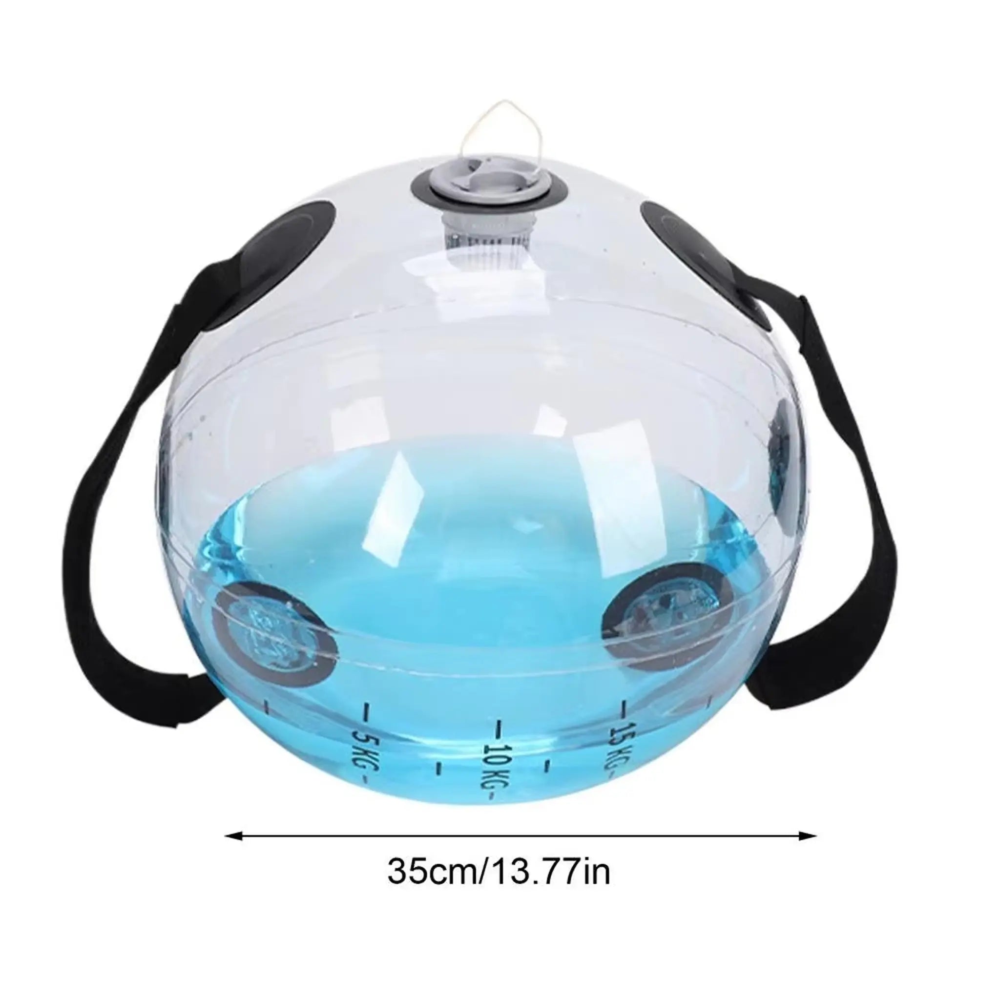 Aqua ball size guide showing 35cm diameter and 5kg to 15kg fill markers