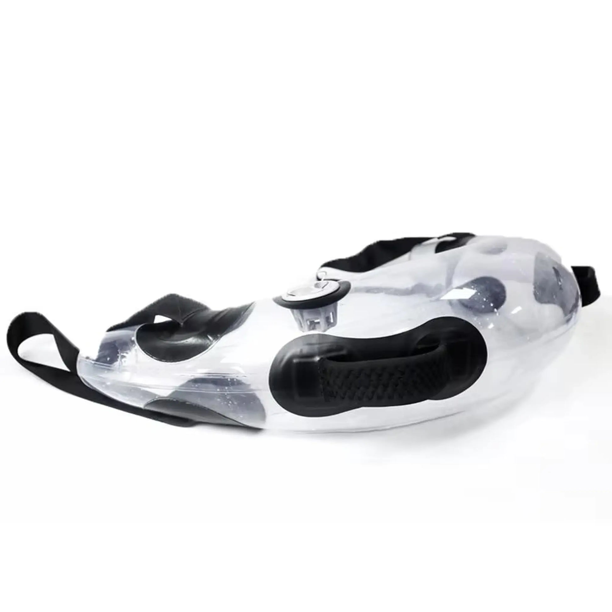 Side view of crescent-shaped Bulgarian aqua bag on white background