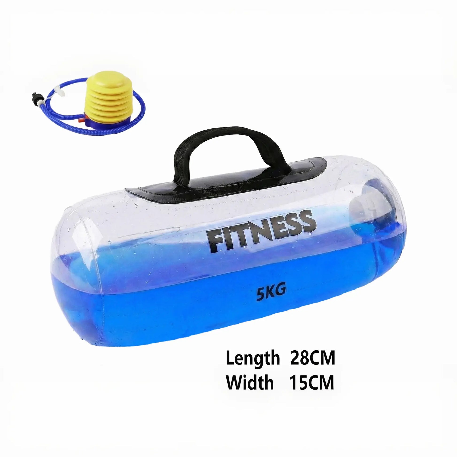 Aqua dumbbell shown with included pump for filling and sealing water-filled weight
