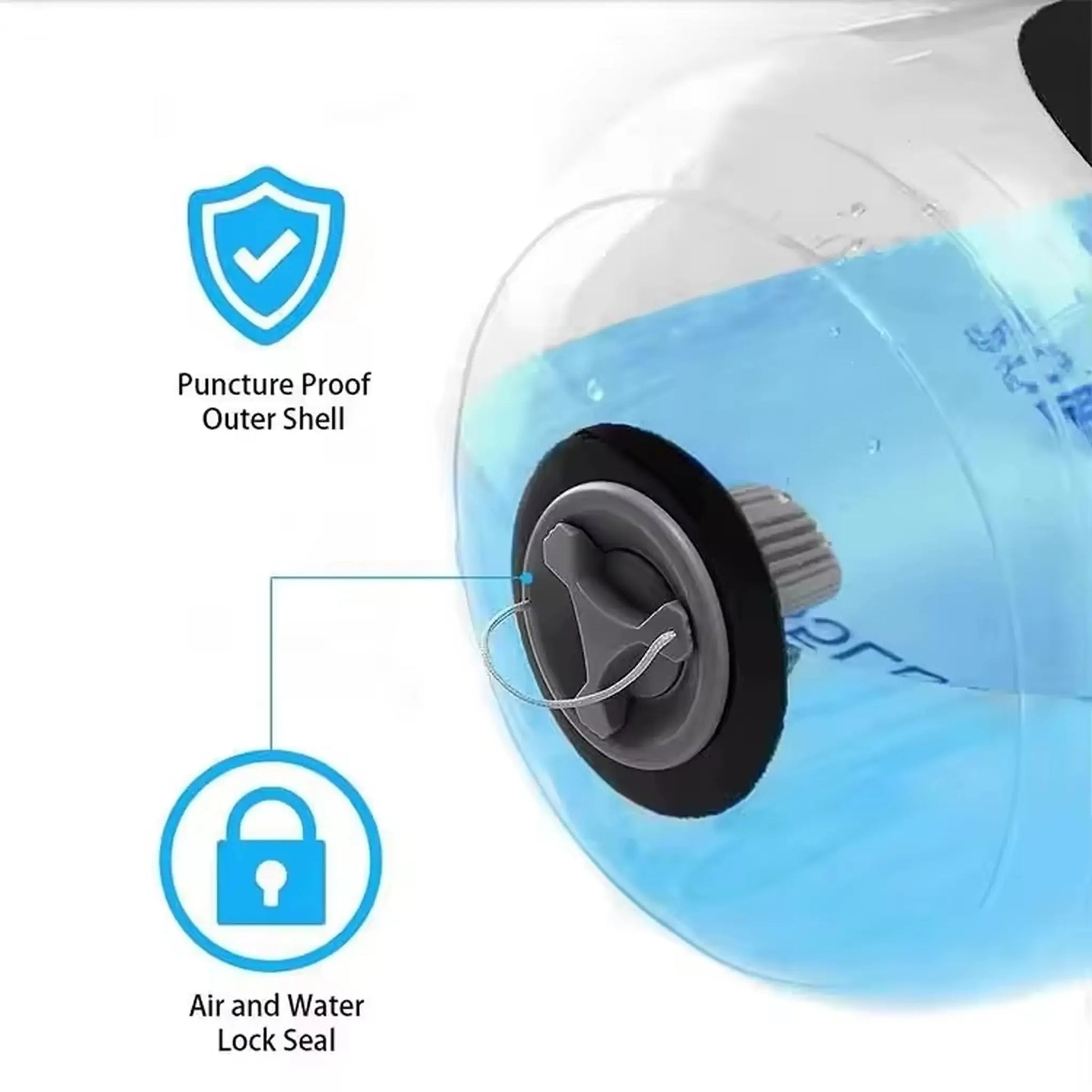 Close-up of aqua dumbbell air and water lock valve with leak-proof seal