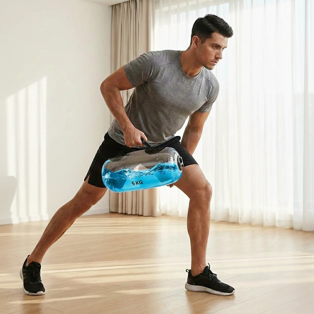 Water-filled aqua dumbbell with soft handle and 5kg capacity for instability training.