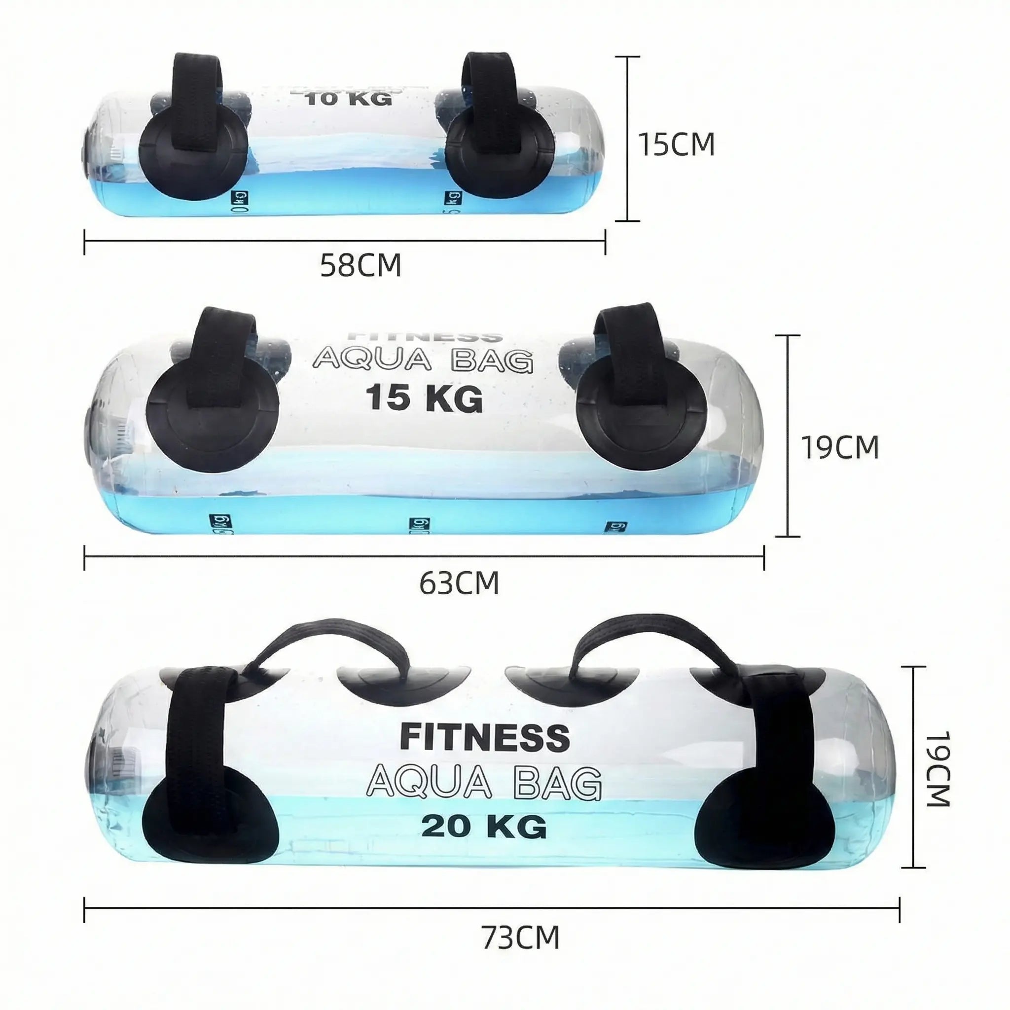 Aqua training bag size and capacity guide showing 10kg, 15kg, and 20kg dimensions