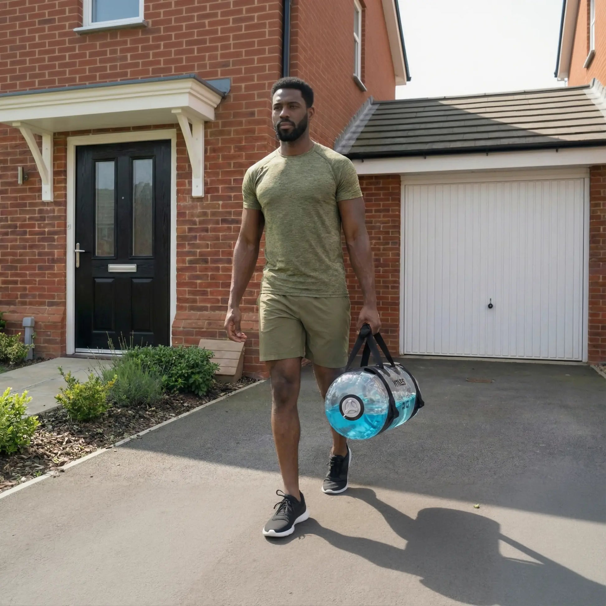 Single-arm suitcase carry with aqua training bag showing water shifting during movement