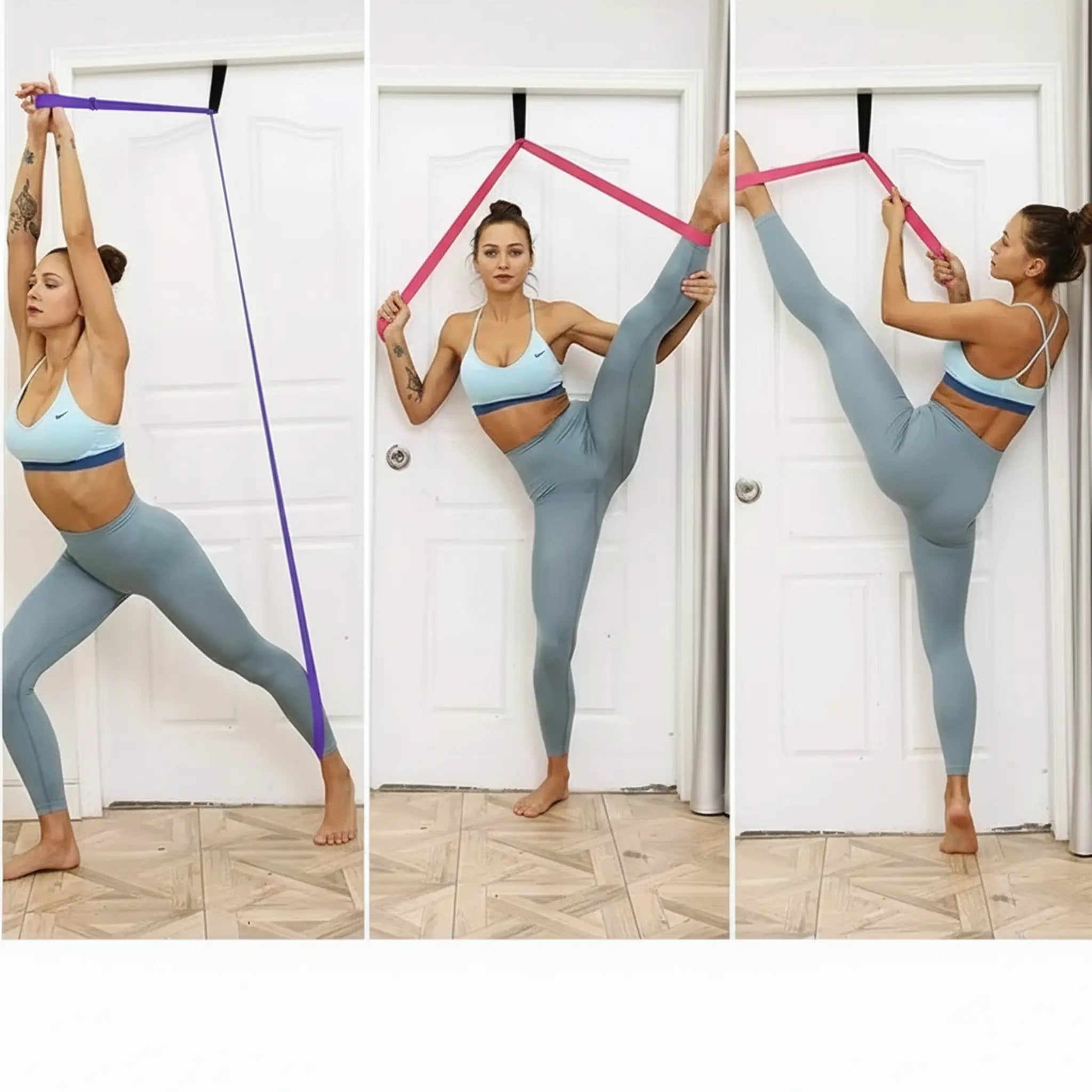Demonstration of multiple assisted leg and hip stretches using a door anchor stretch strap.