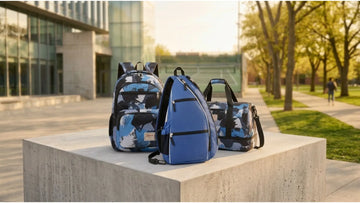 Backpacks and sports bags collection including a school backpack, racket bag and gym holdall