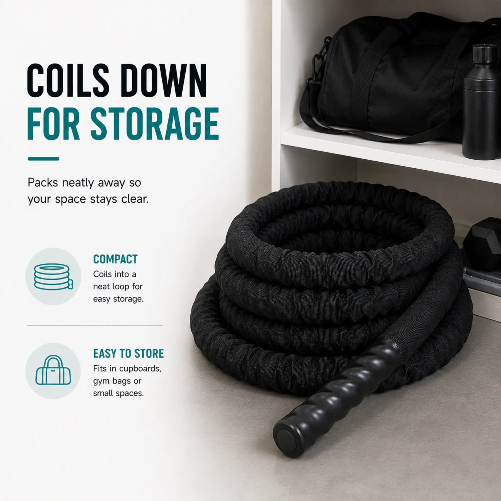 Infographic showing a coiled battle rope stored neatly on a shelf to illustrate its compact storage between training sessions.