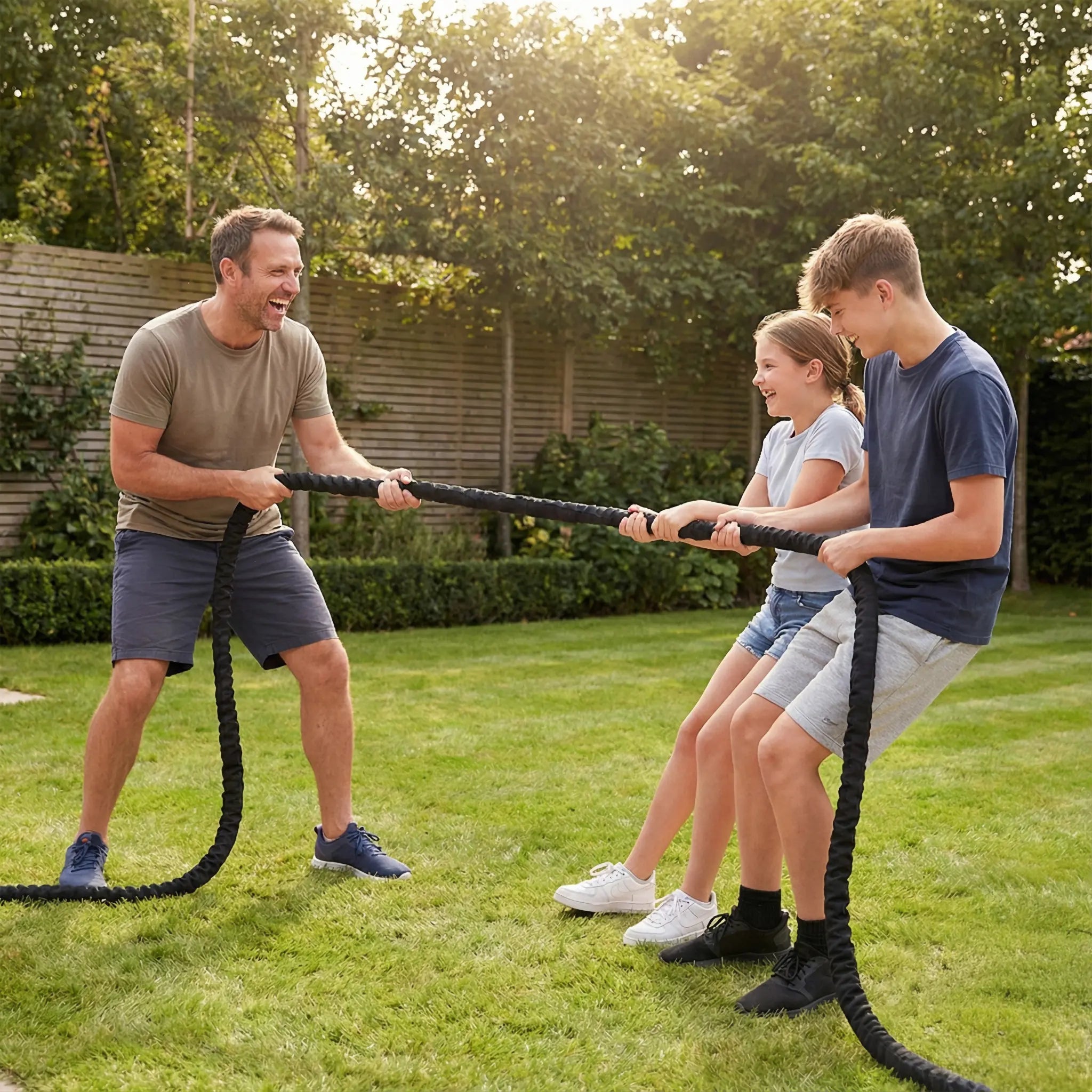 Family using a battle rope outdoors for shared movement and play