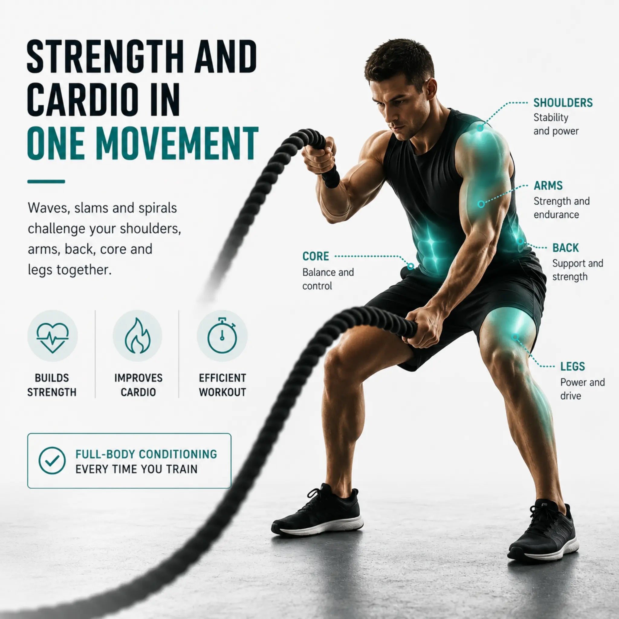 Infographic showing how battle rope training engages the shoulders, arms, back, core and legs for full-body conditioning.