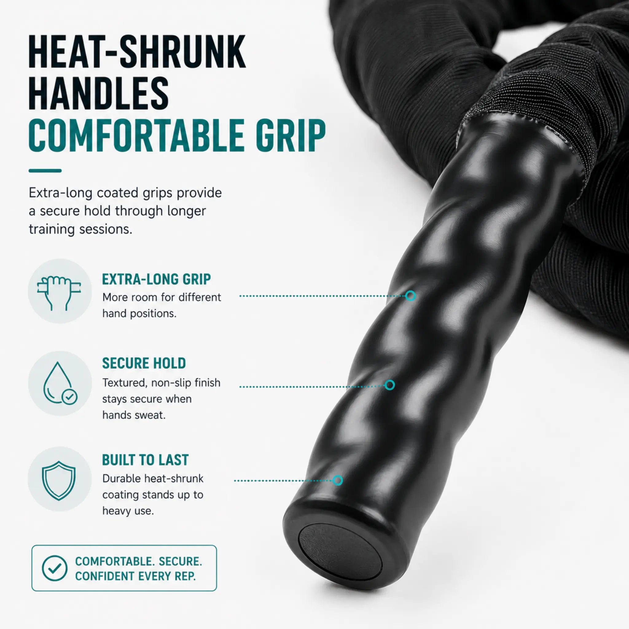 Close-up infographic showing the battle rope's extra-long heat-shrunk handles for a secure and comfortable grip.