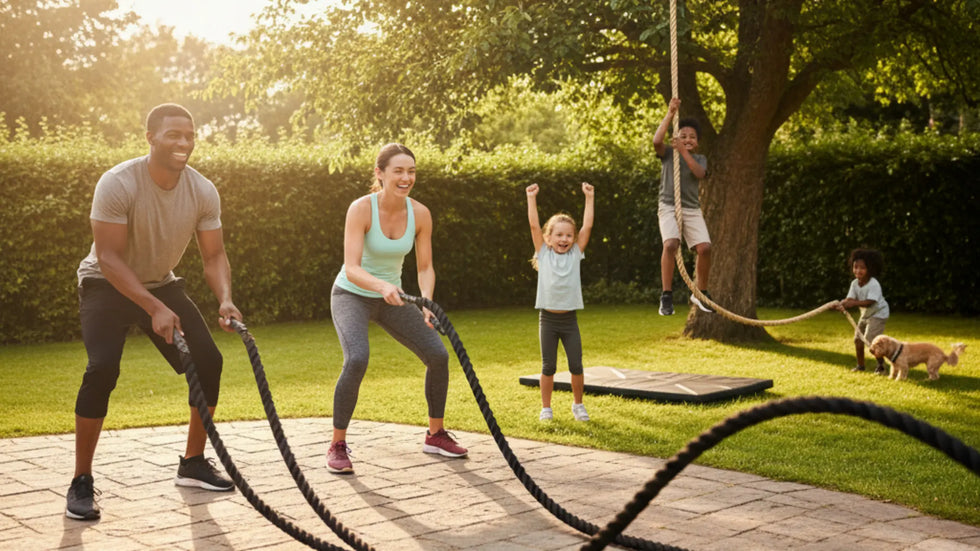 Battle ropes and climbing rope functional training equipment being used by family in backyard garden