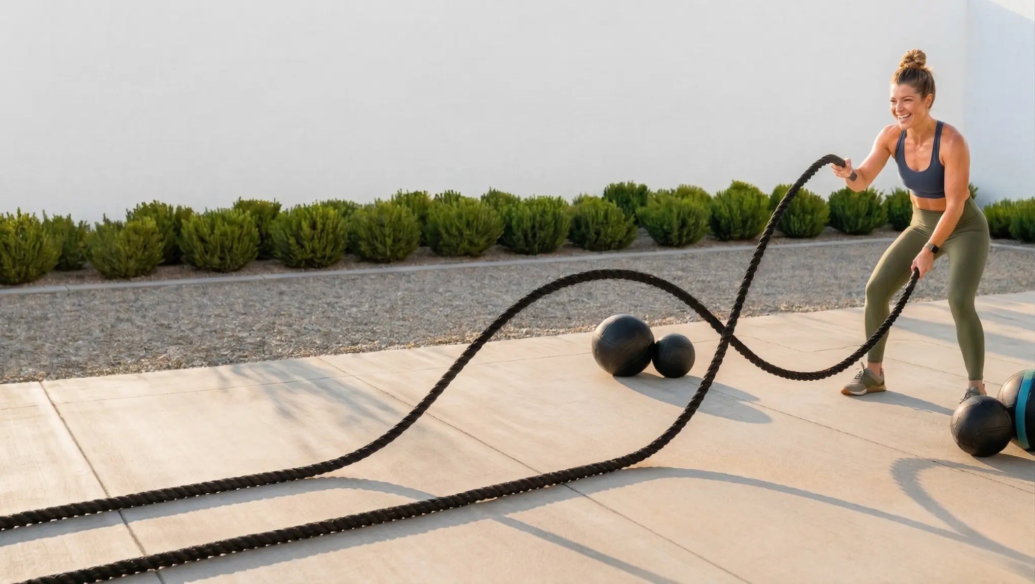 Woman using battle ropes outdoors on a sunny dayslider_item_YMeqtY