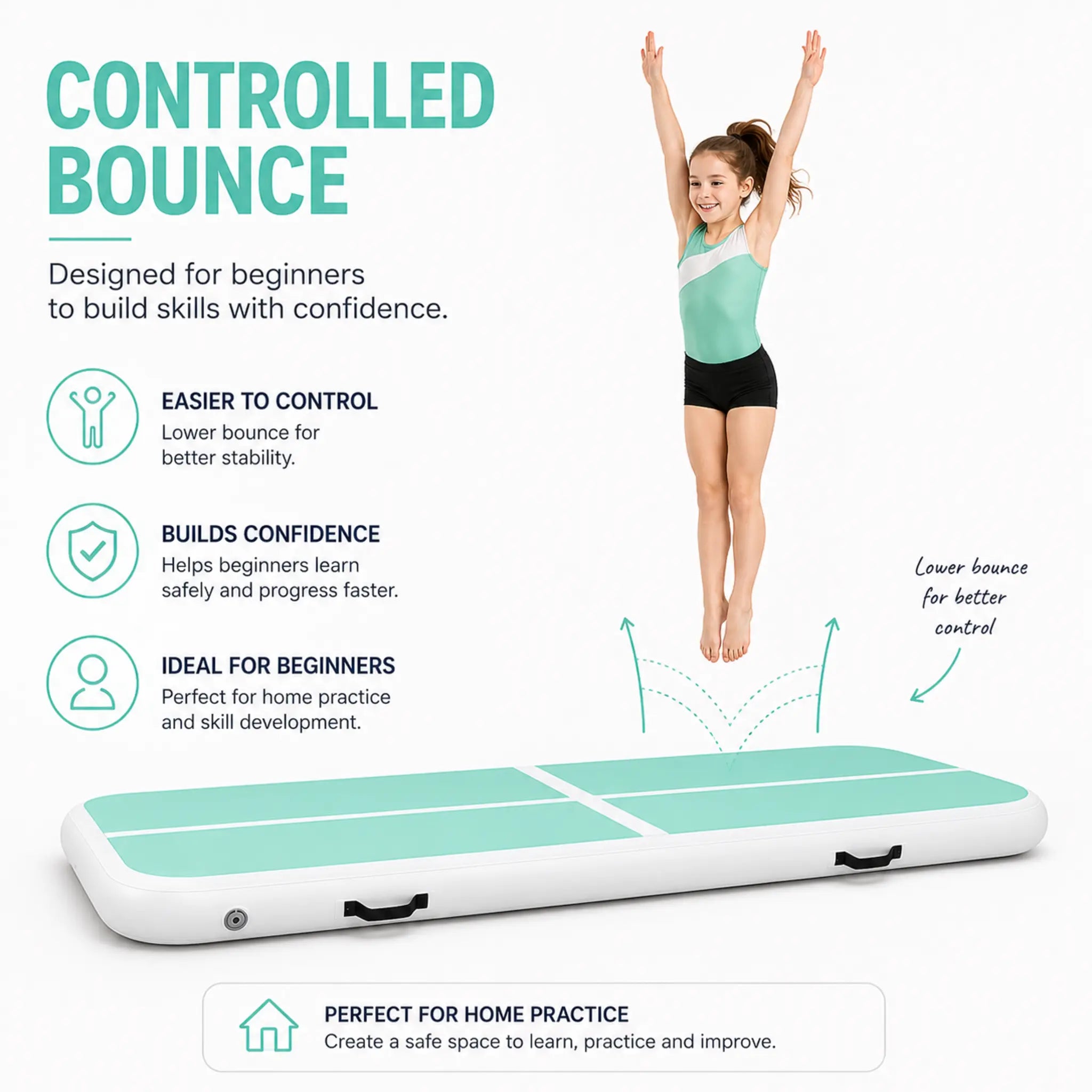 Child demonstrating a controlled jump on the Beginner Air Track Gymnastics Mat, highlighting its stable, confidence-building bounce for beginners and home practice.