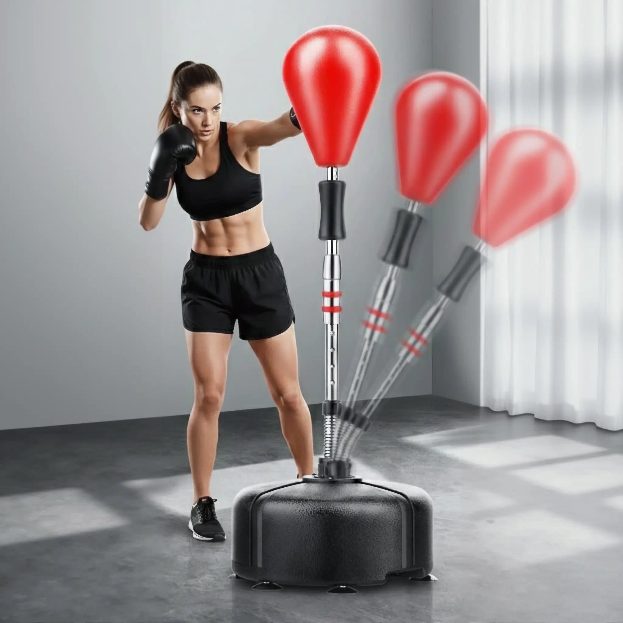 Woman training with freestanding boxing speed ball showing rebound motion for reaction and cardio workouts