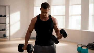 Man exercising with dumbbells in a bright room