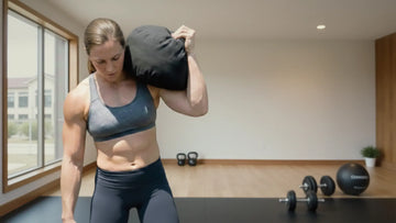 Woman exercising with a sand bag in a home setting