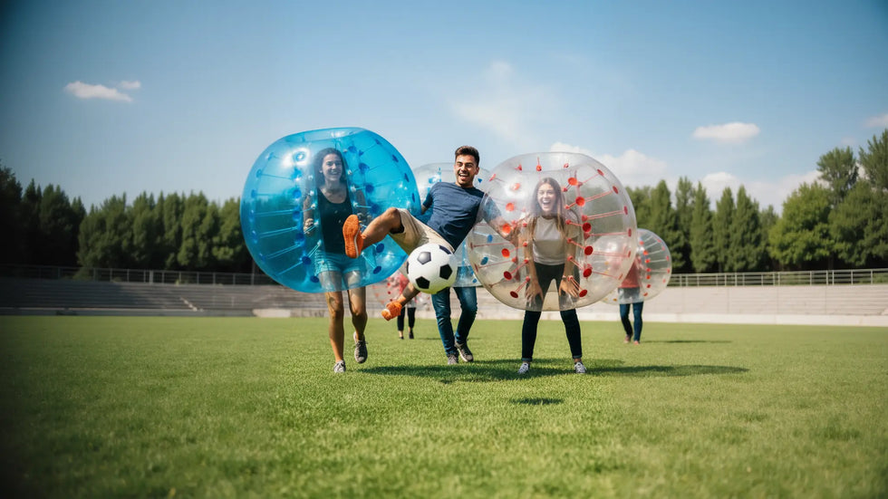 Friends playing bubble football in bumper balls on outdoor pitch - inflatable sports equipment for indoor and outdoor family fun