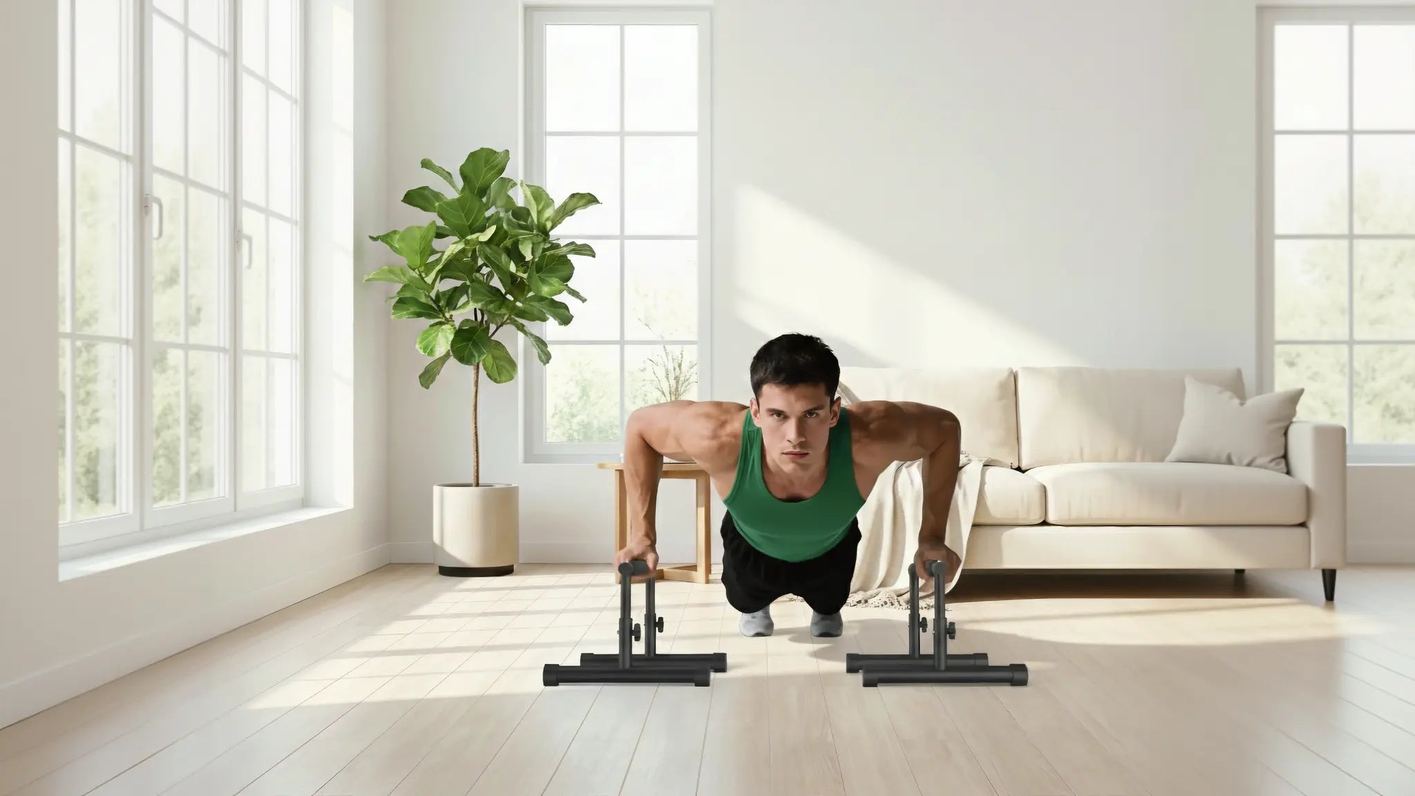 Man performing elevated push-ups on parallettes during a home calisthenics workout in a bright living room.