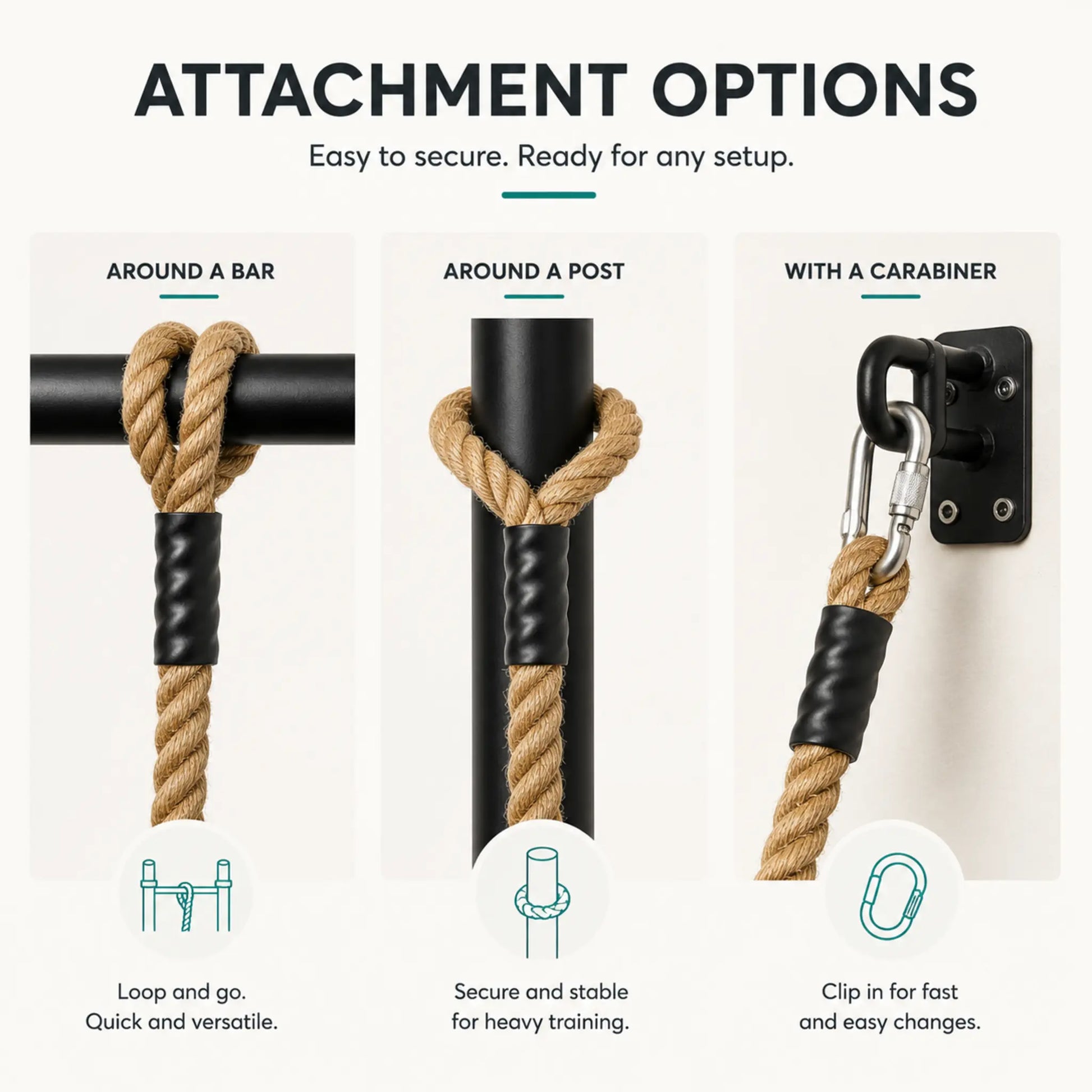 Climbing rope attached around a bar, around a post and with a carabiner, showing different anchoring methods.