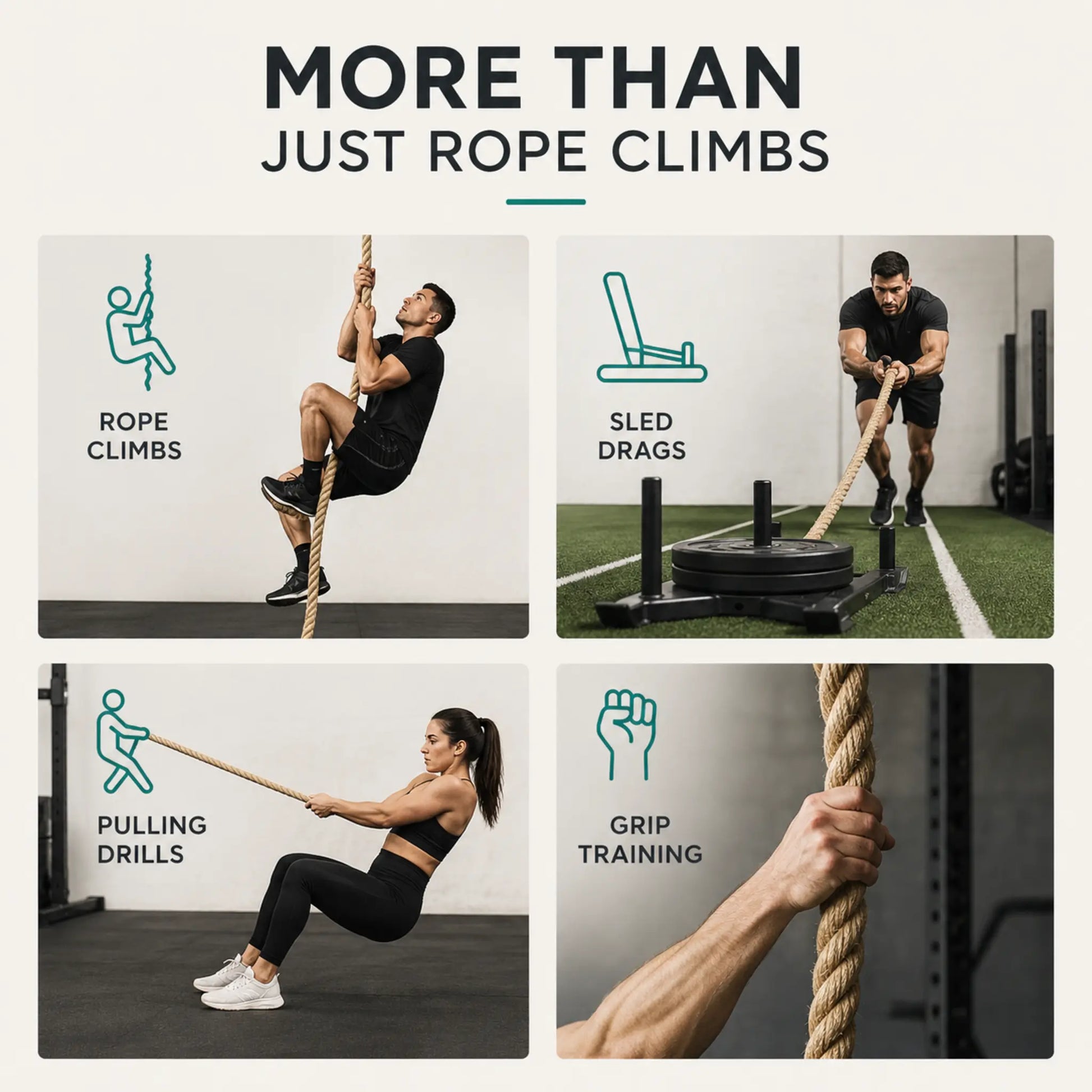 Natural fibre climbing rope with icons showing rope climbs, sled drags, pulling drills and grip training.