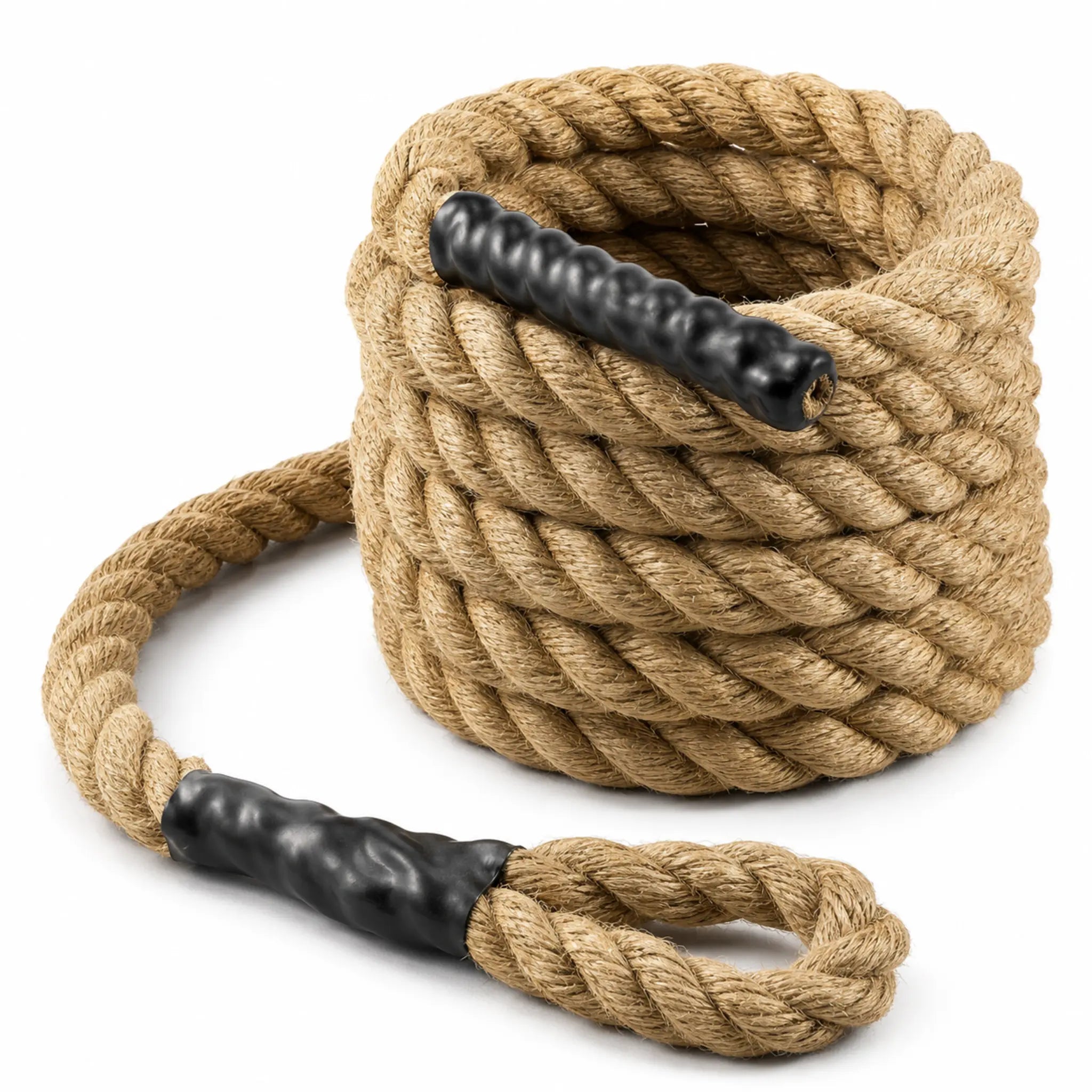 Natural fibre climbing rope coiled with reinforced loop and heat-shrunk grip on a light background.