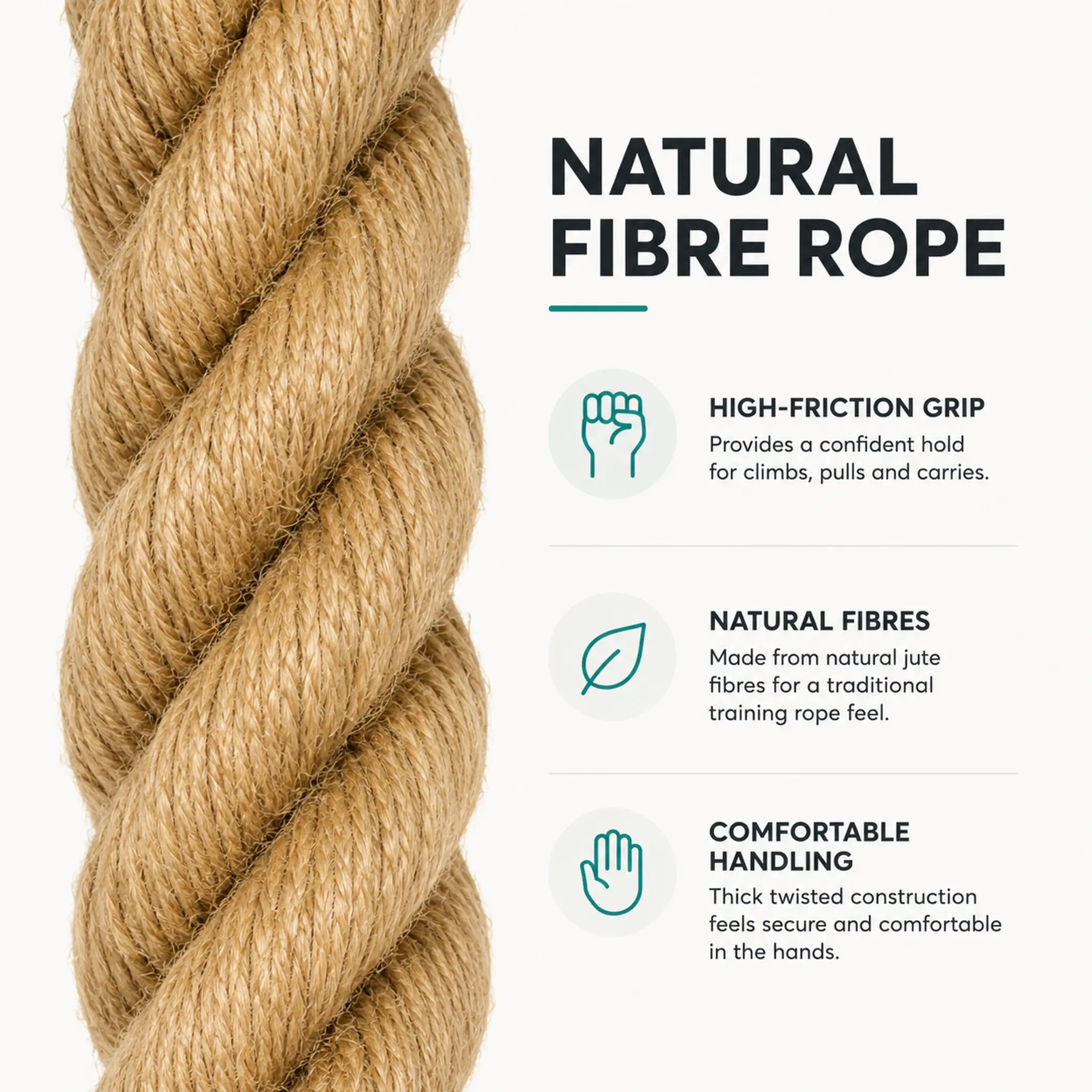 Close-up of the natural fibre climbing rope highlighting its textured grip and twisted construction.