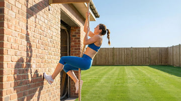 Woman climbing a training rope mounted outdoors on a brick wall