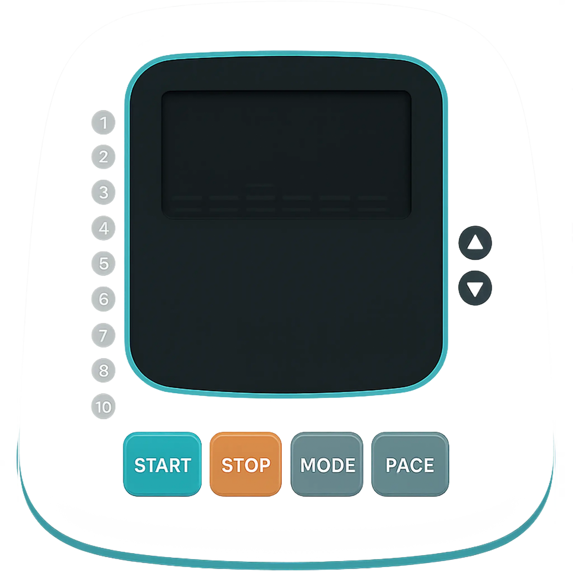 Stair climber control panel with buttons labeled 'Start', 'Stop', 'Mode', and 'Pace' on a white background.