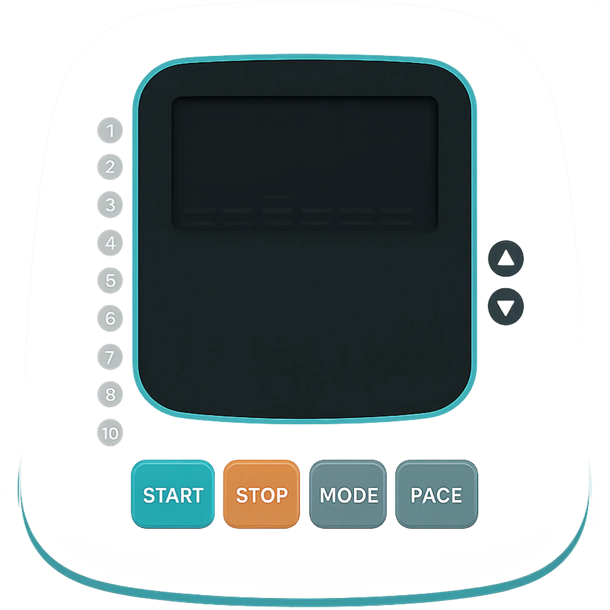 Stair climber control panel with buttons labeled 'Start', 'Stop', 'Mode', and 'Pace' on a white background.