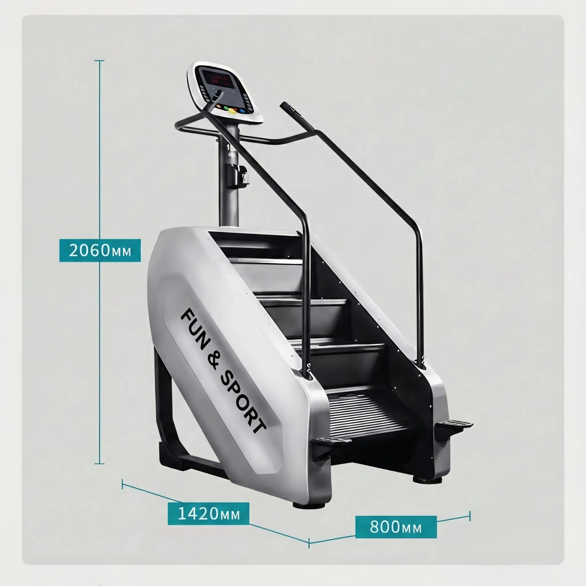 Step machine with dimensions labeled on a gray background